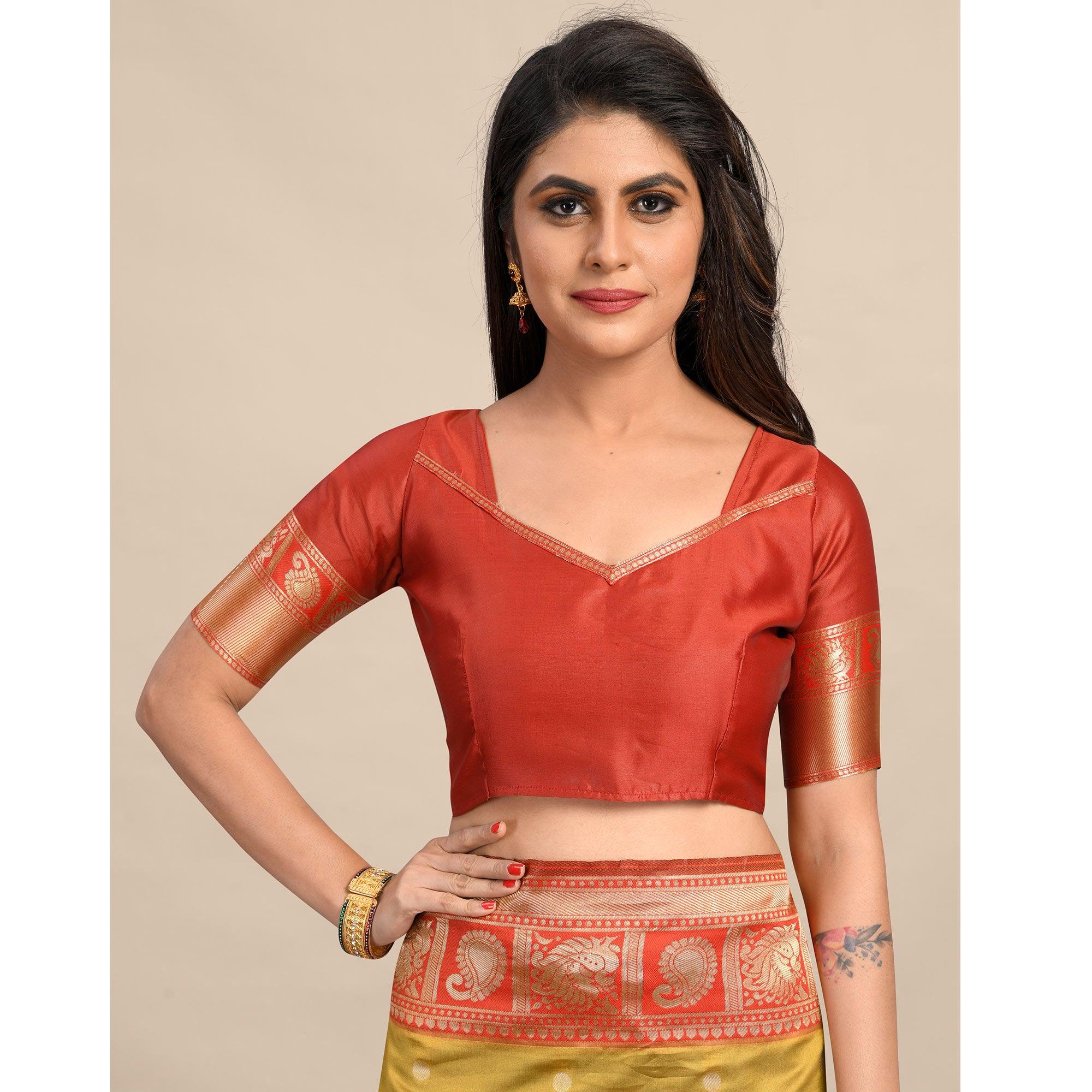 Gold-Red Festive Wear Rich Woven Border Soft Banarasi Silk Saree - Peachmode