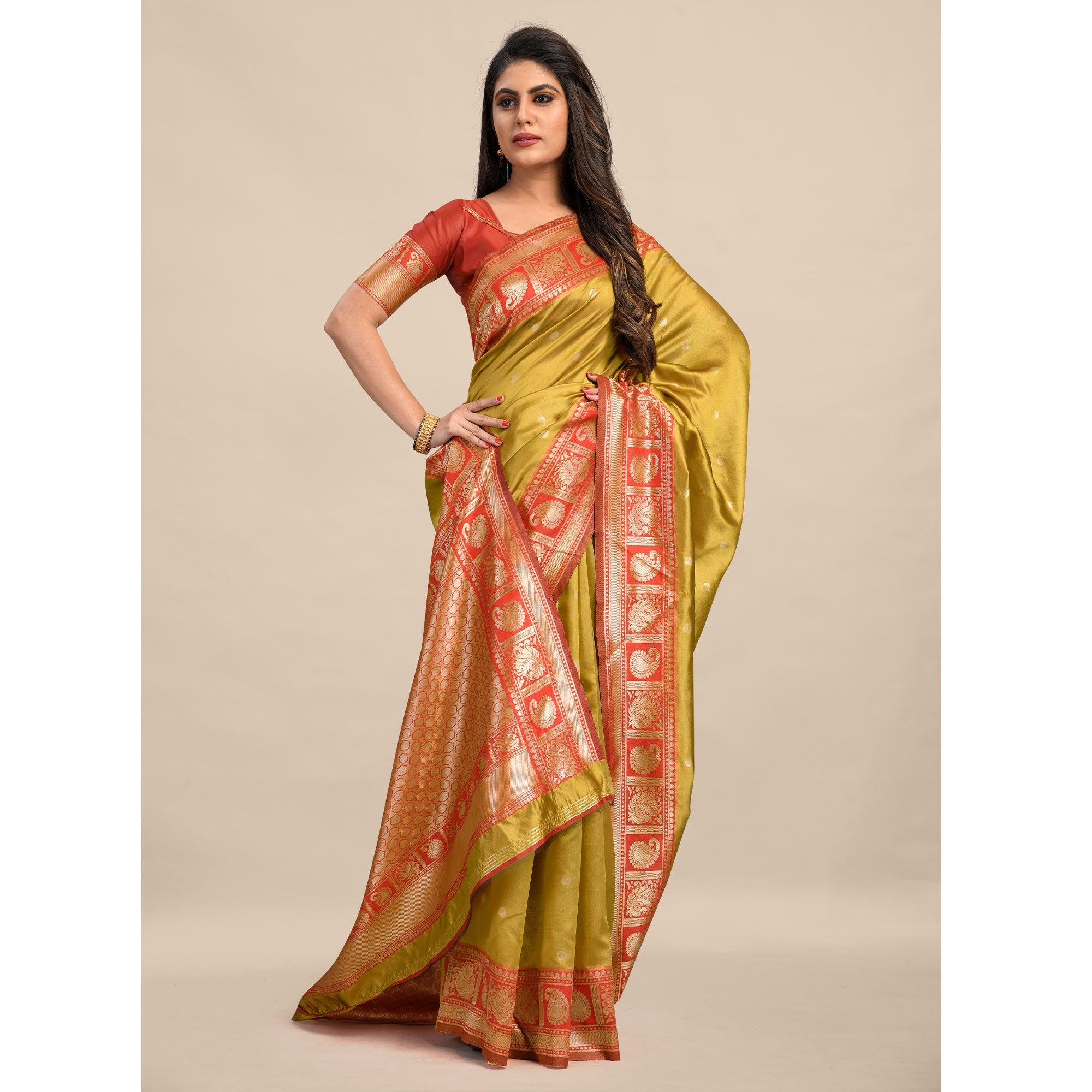 Gold-Red Festive Wear Rich Woven Border Soft Banarasi Silk Saree - Peachmode