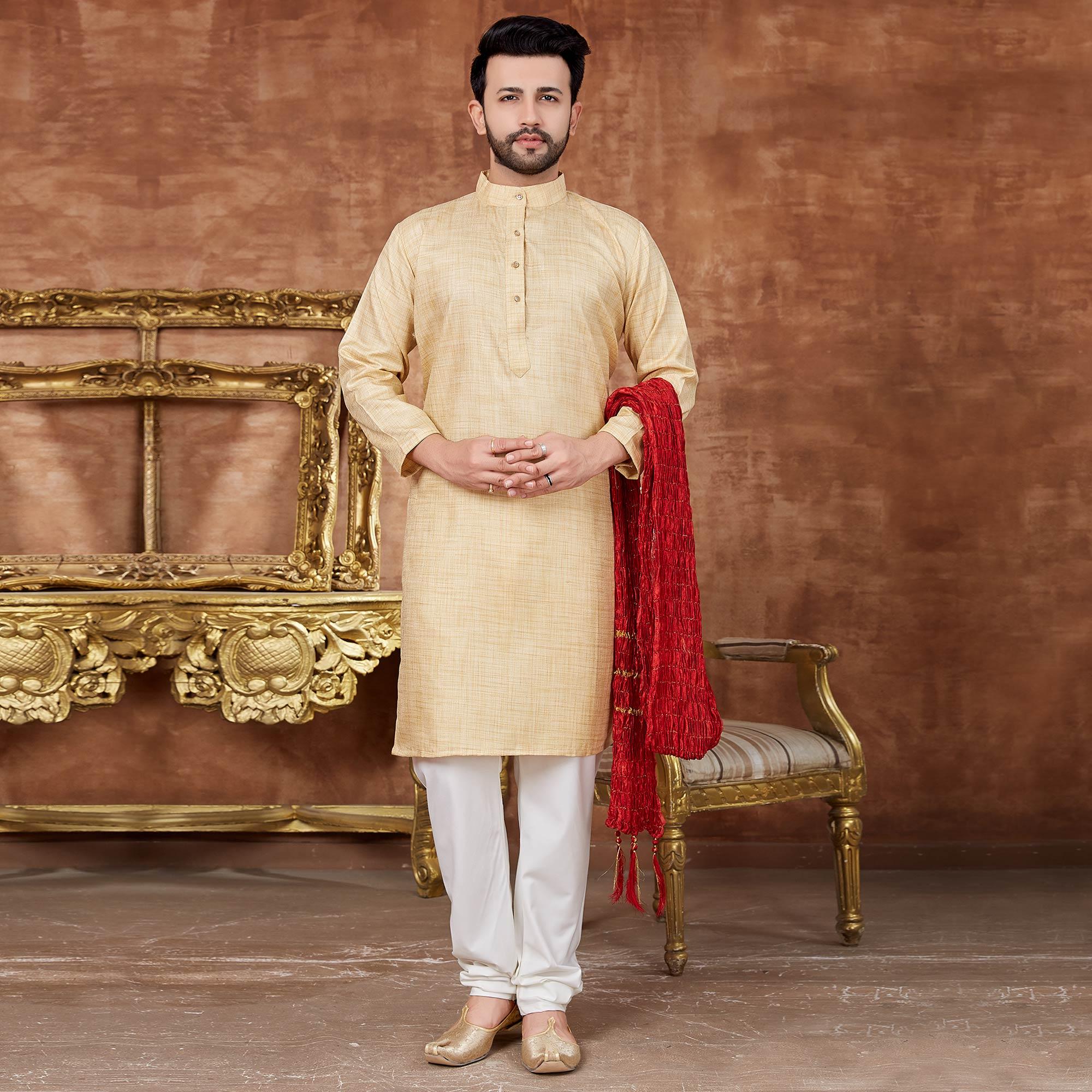 Gold Solid Khaadi Men's Kurta Pyjama Set - Peachmode