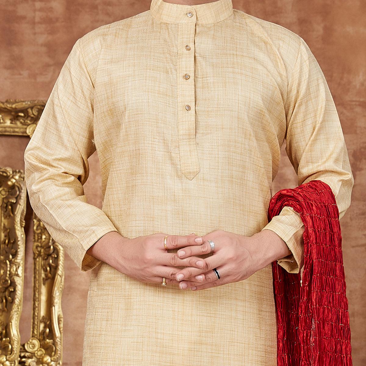 Gold Solid Khaadi Men's Kurta Pyjama Set - Peachmode
