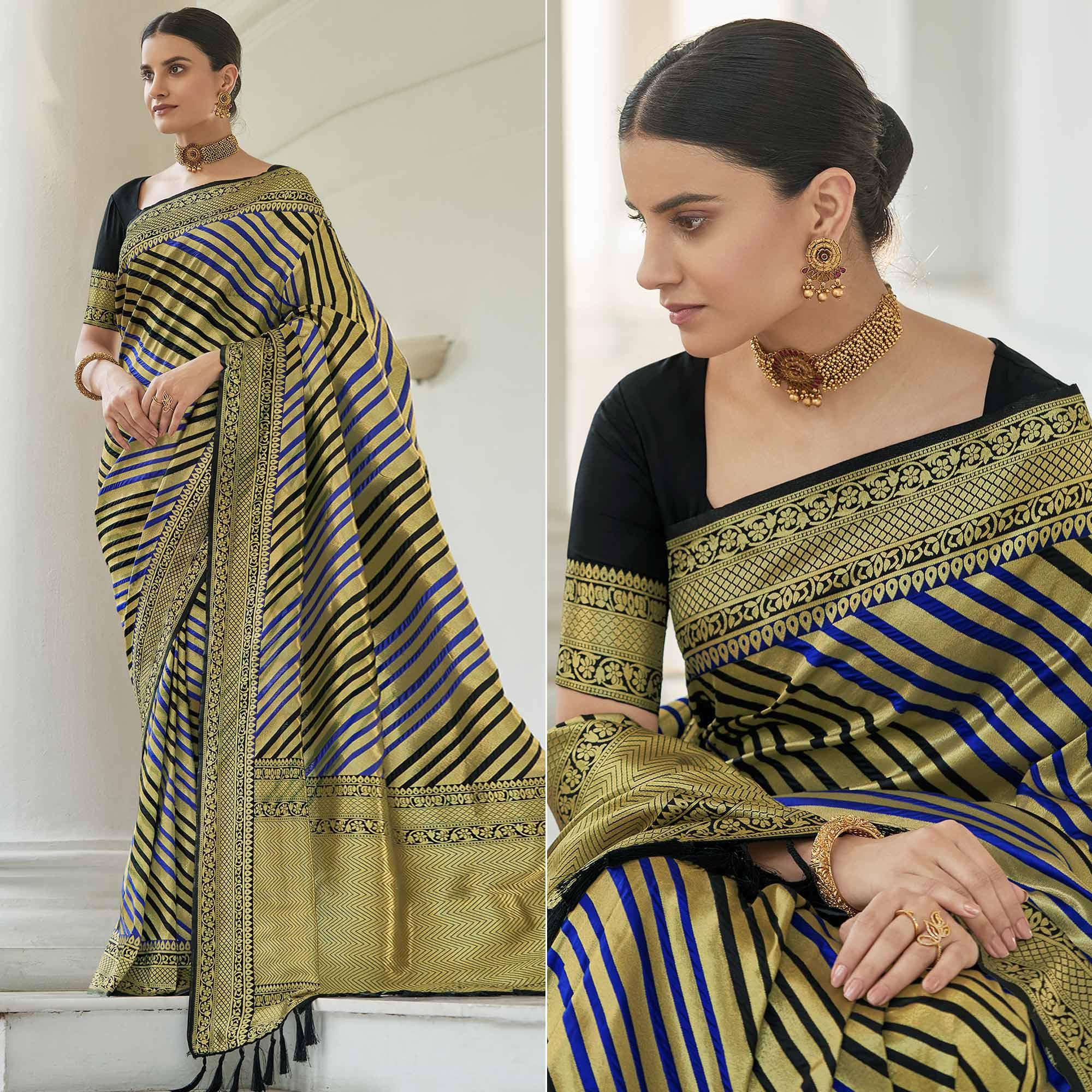 Gold Stripe Printed Pure Silk Saree With Tassels - Peachmode