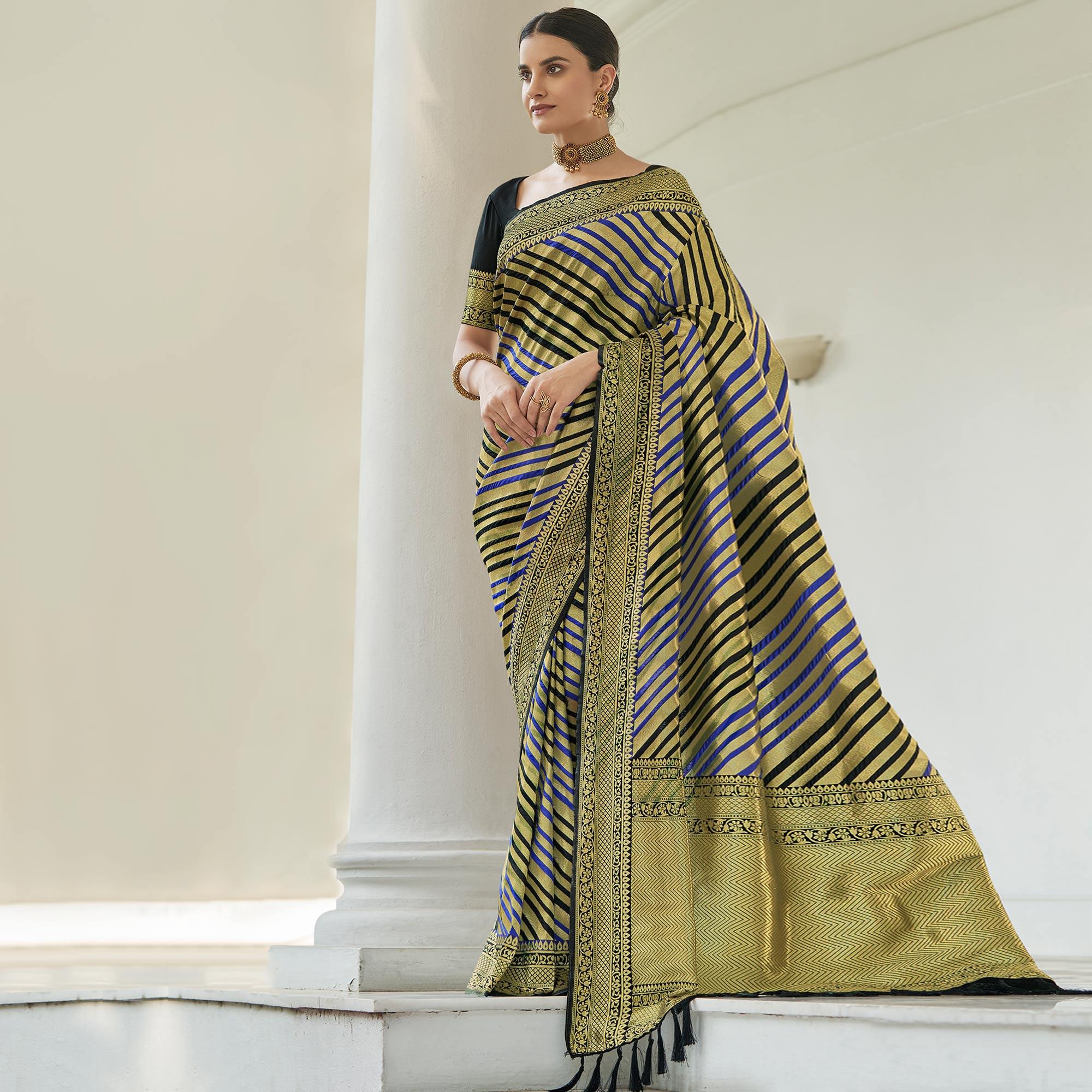 Gold Stripe Printed Pure Silk Saree With Tassels - Peachmode