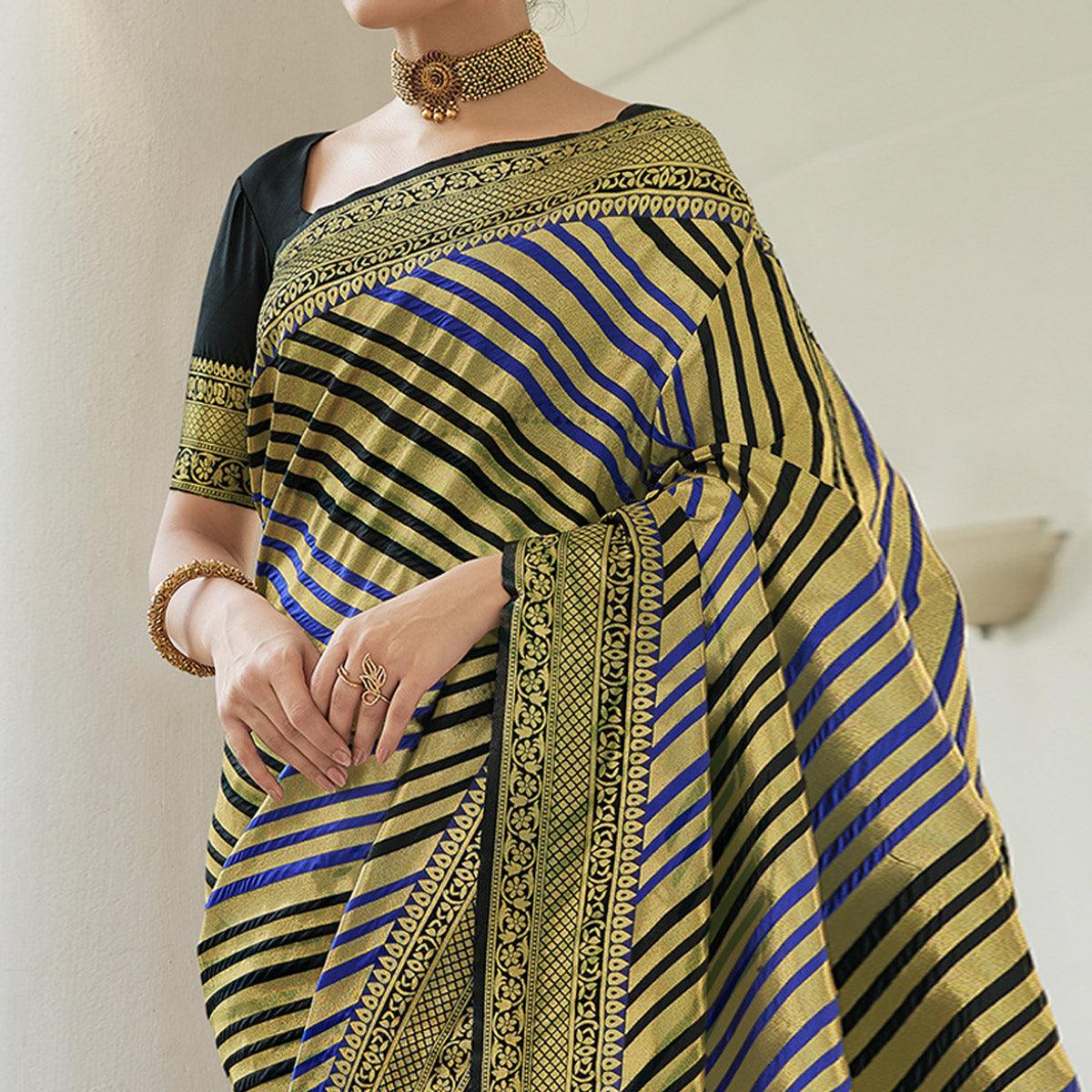 Gold Stripe Printed Pure Silk Saree With Tassels - Peachmode