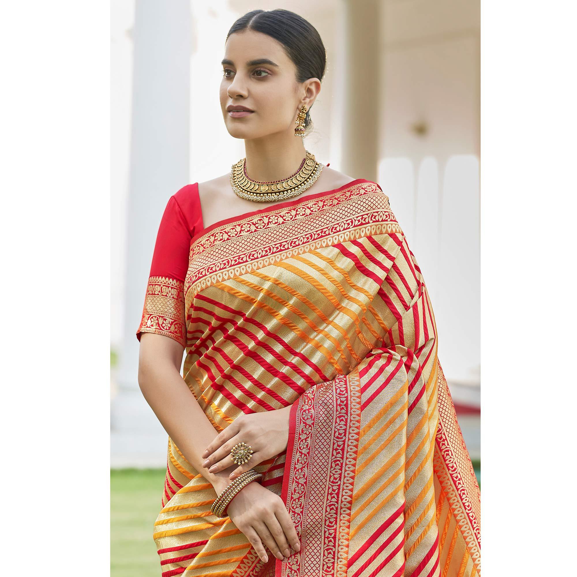 Gold Stripe Printed Pure Silk Saree With Tassels - Peachmode