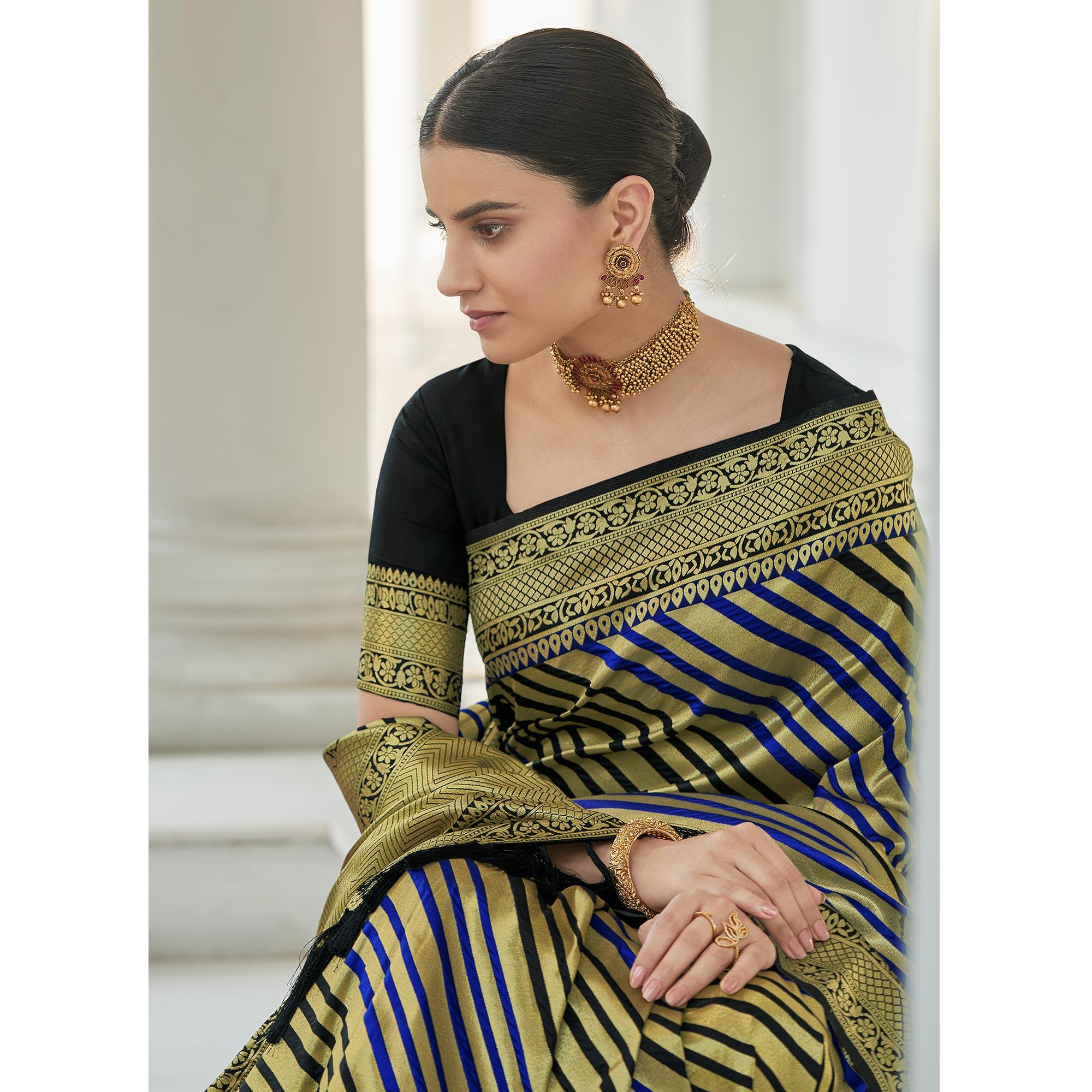 Gold Stripe Printed Pure Silk Saree With Tassels - Peachmode