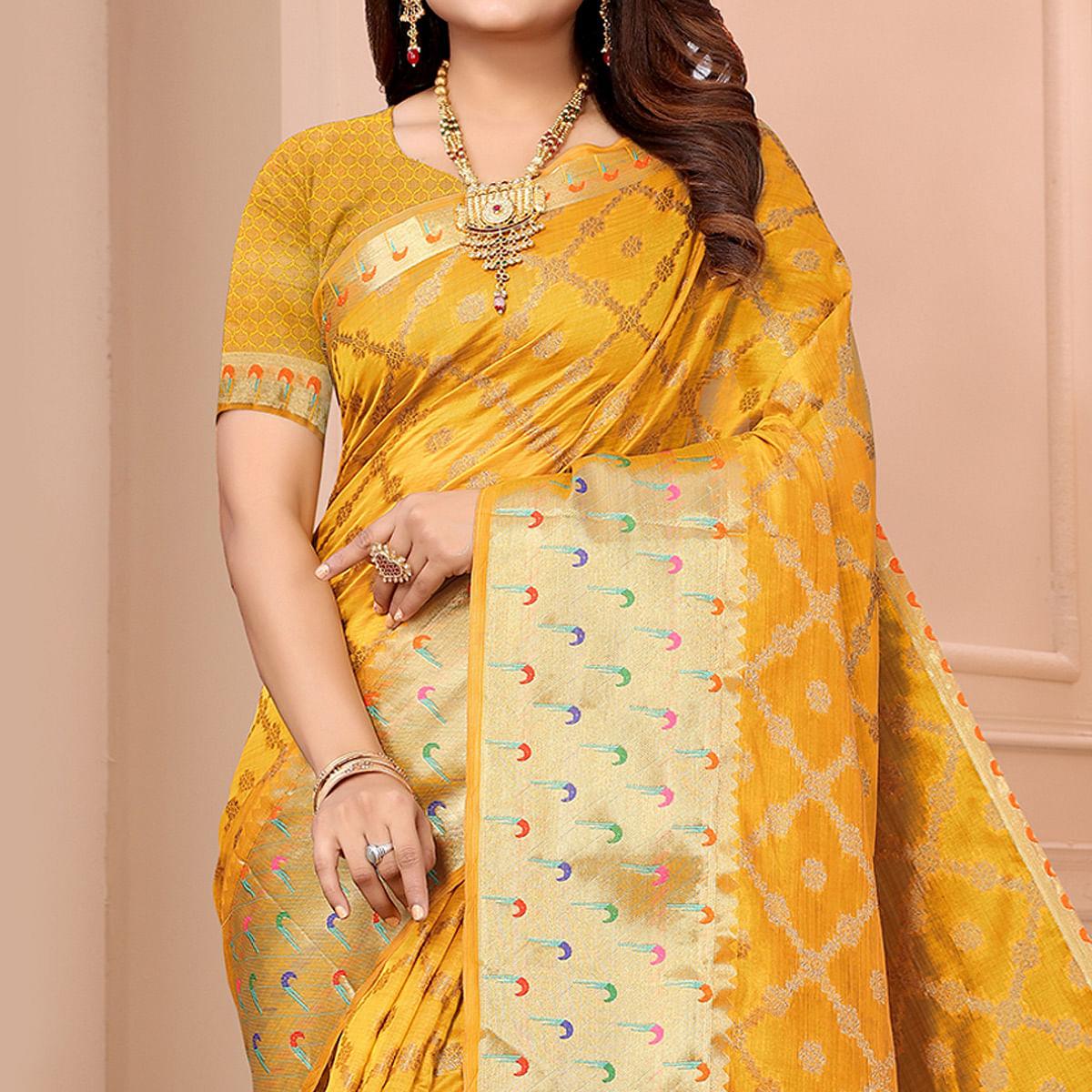 Gold Woven Organza Saree - Peachmode