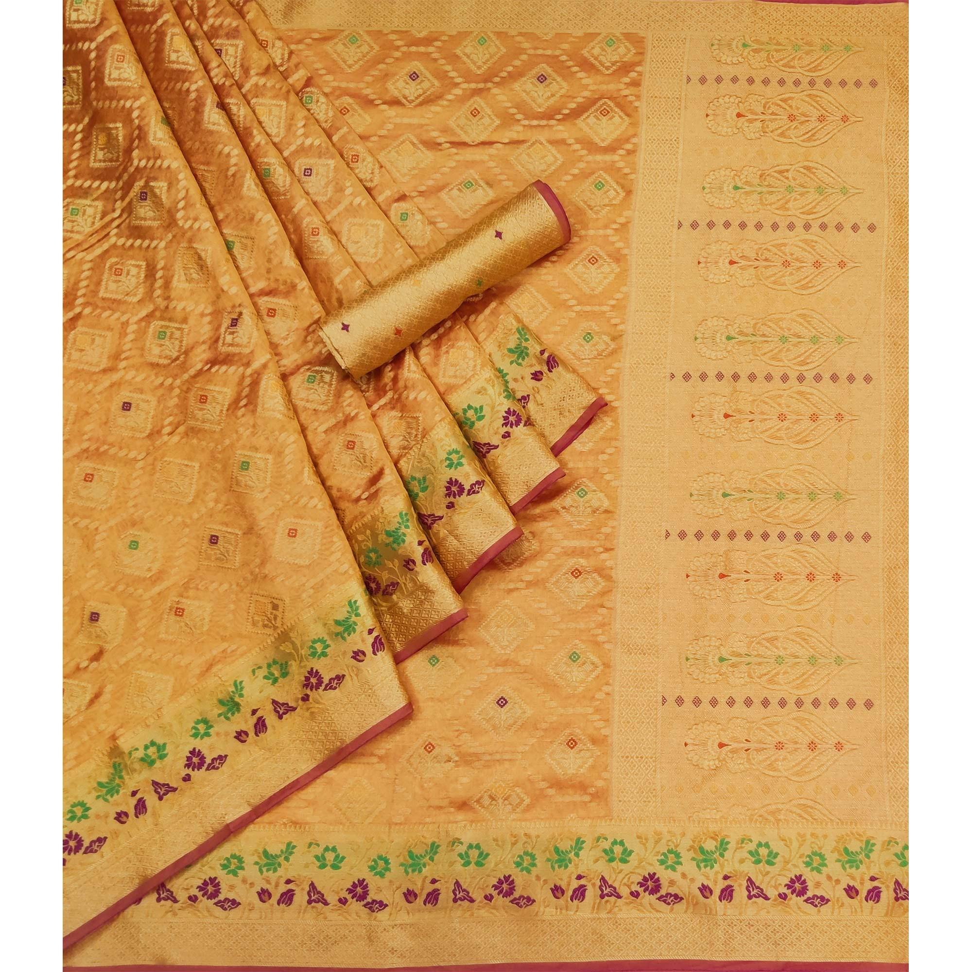 Gold Woven Organza Saree - Peachmode