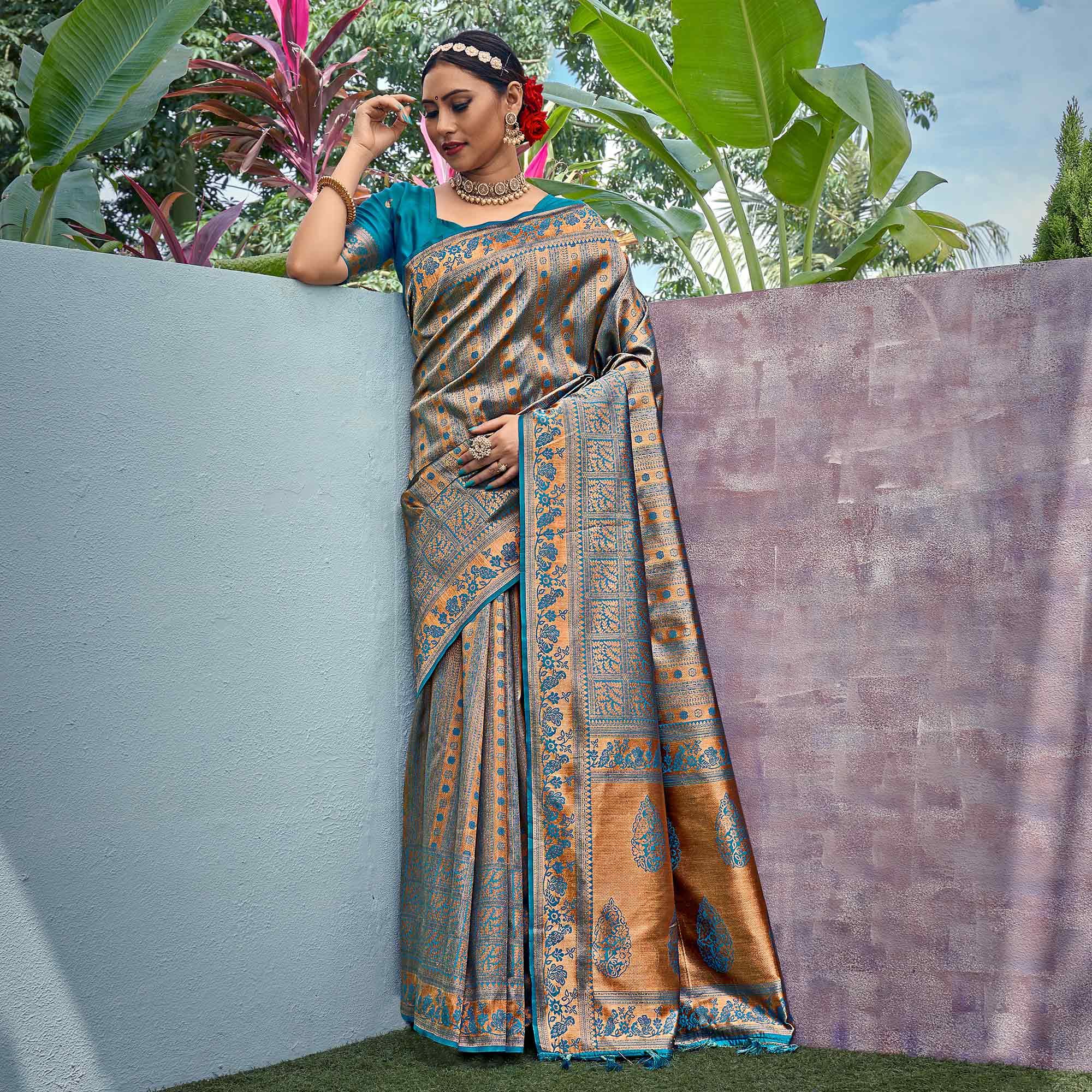 Golden-Blue Woven Art Silk Saree With Tassels - Peachmode