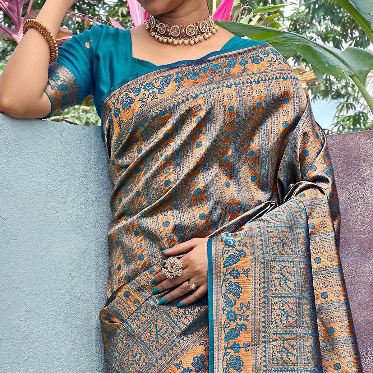 Golden-Blue Woven Art Silk Saree With Tassels - Peachmode