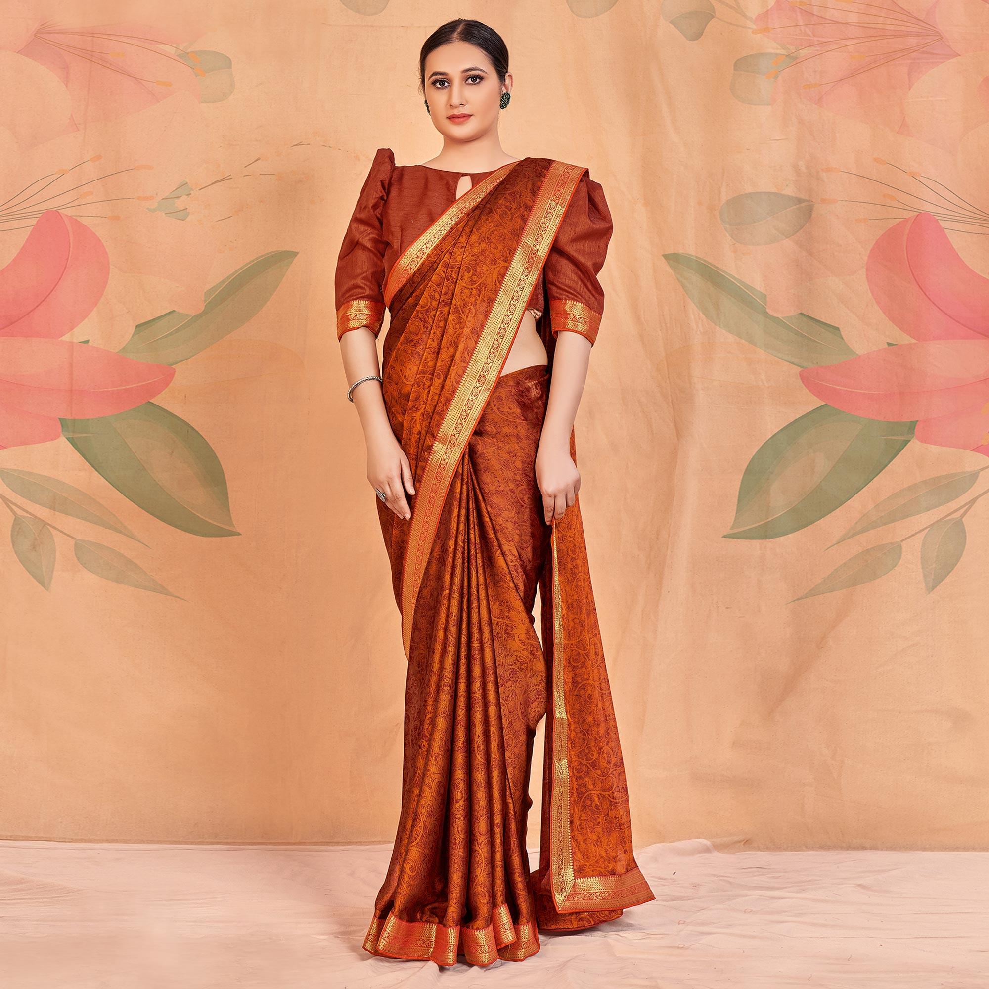 Golden Brown Casual Wear Printed Chiffon Saree With Banarasi Lace - Peachmode