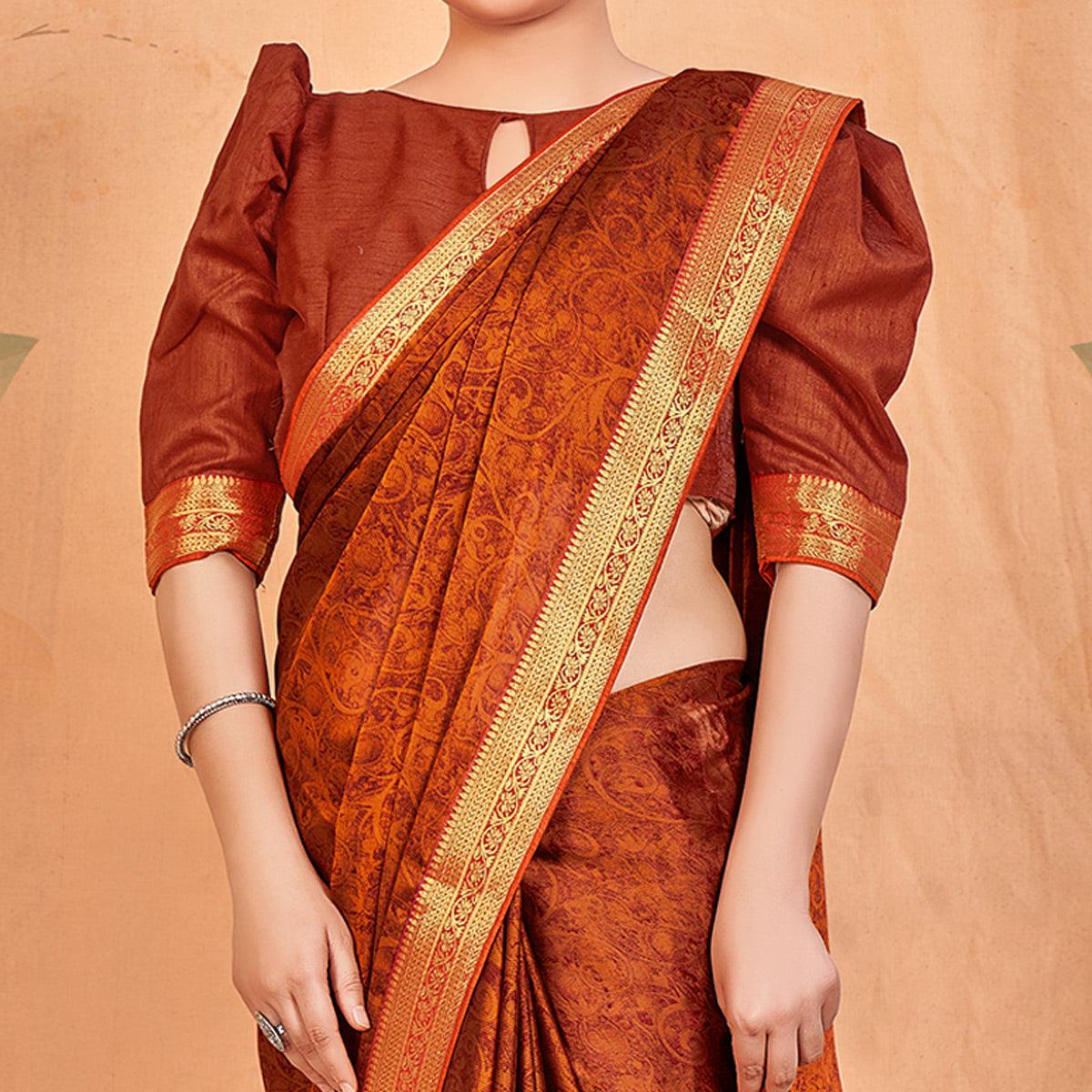 Golden Brown Casual Wear Printed Chiffon Saree With Banarasi Lace - Peachmode