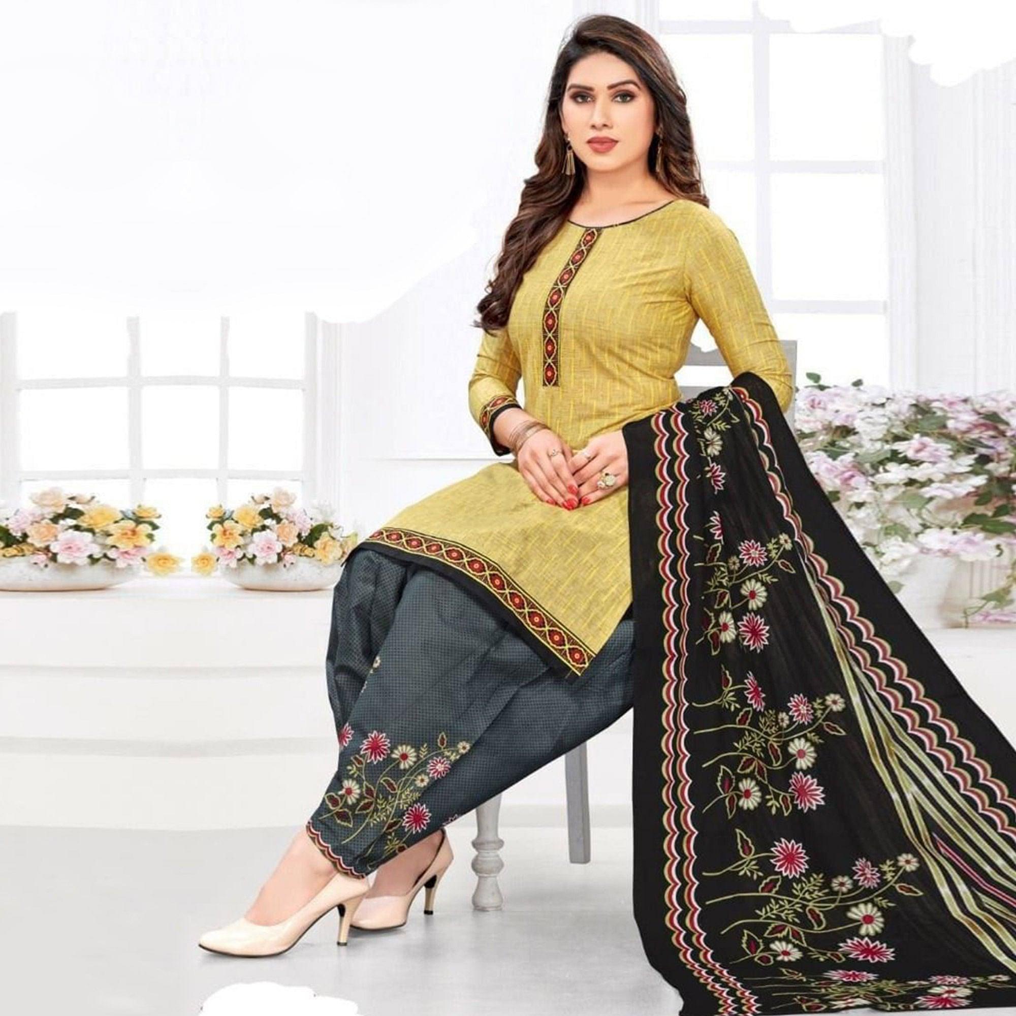 Golden Casual Wear Printed Leon Patiala Dress Material - Peachmode