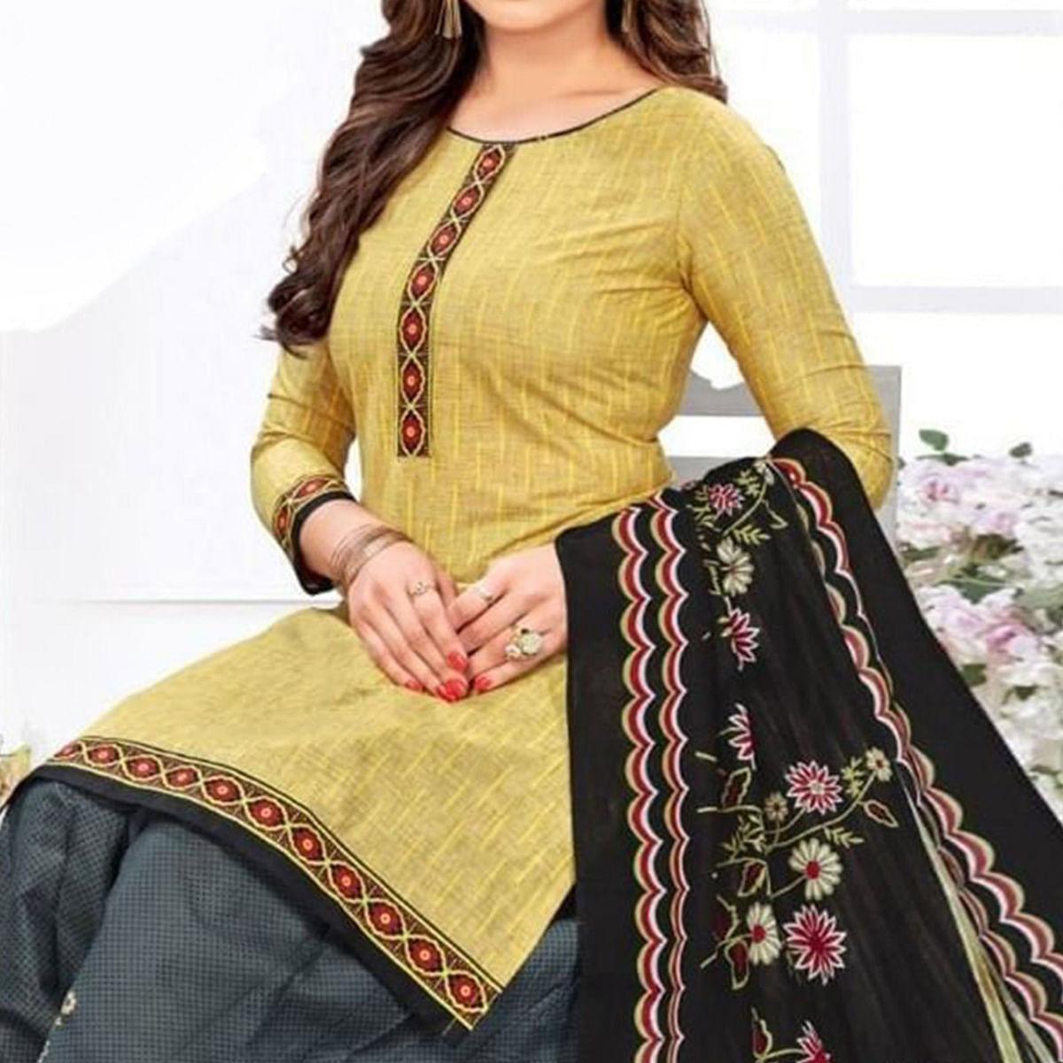 Golden Casual Wear Printed Leon Patiala Dress Material - Peachmode
