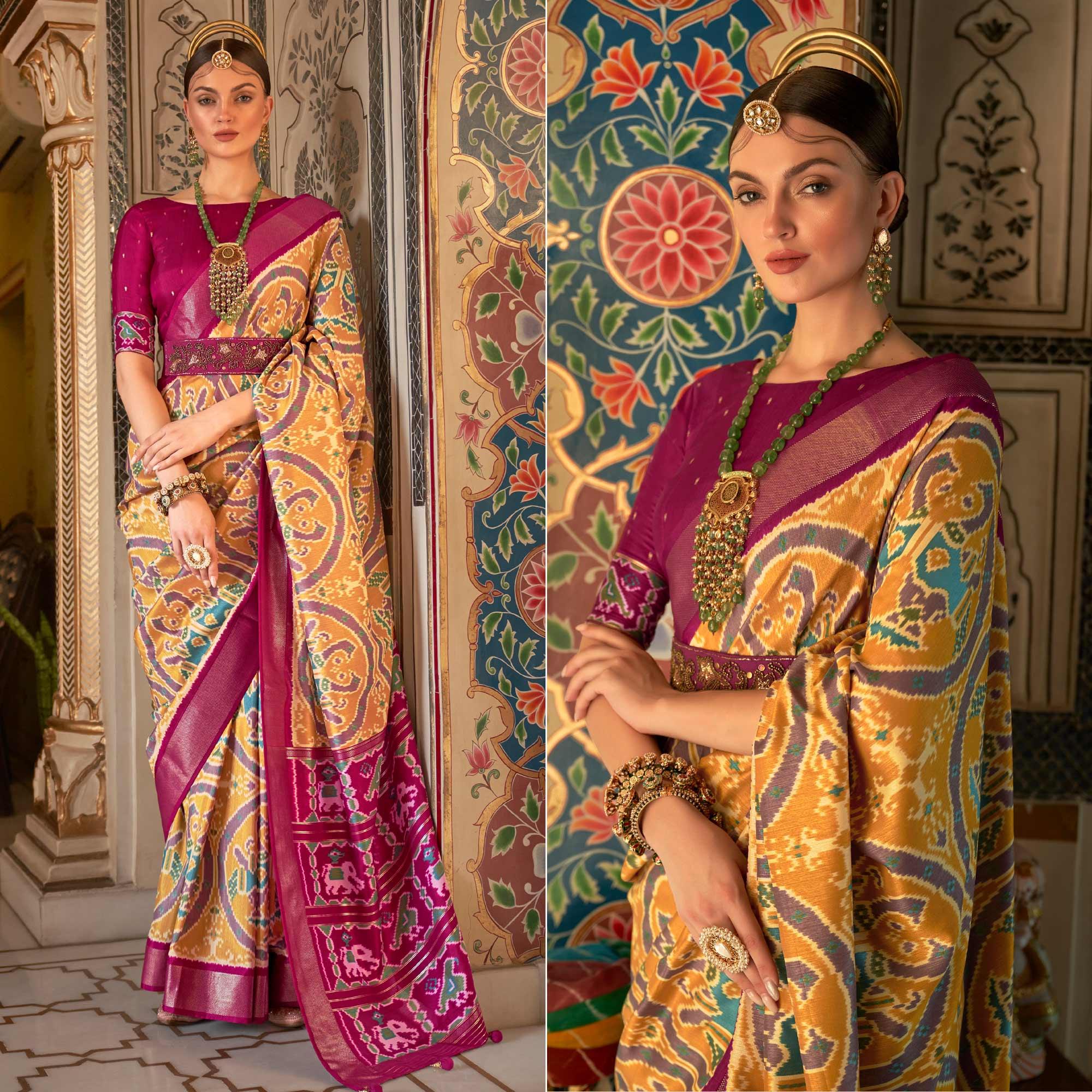 Golden Digital Patola Printed Silk Saree - Peachmode