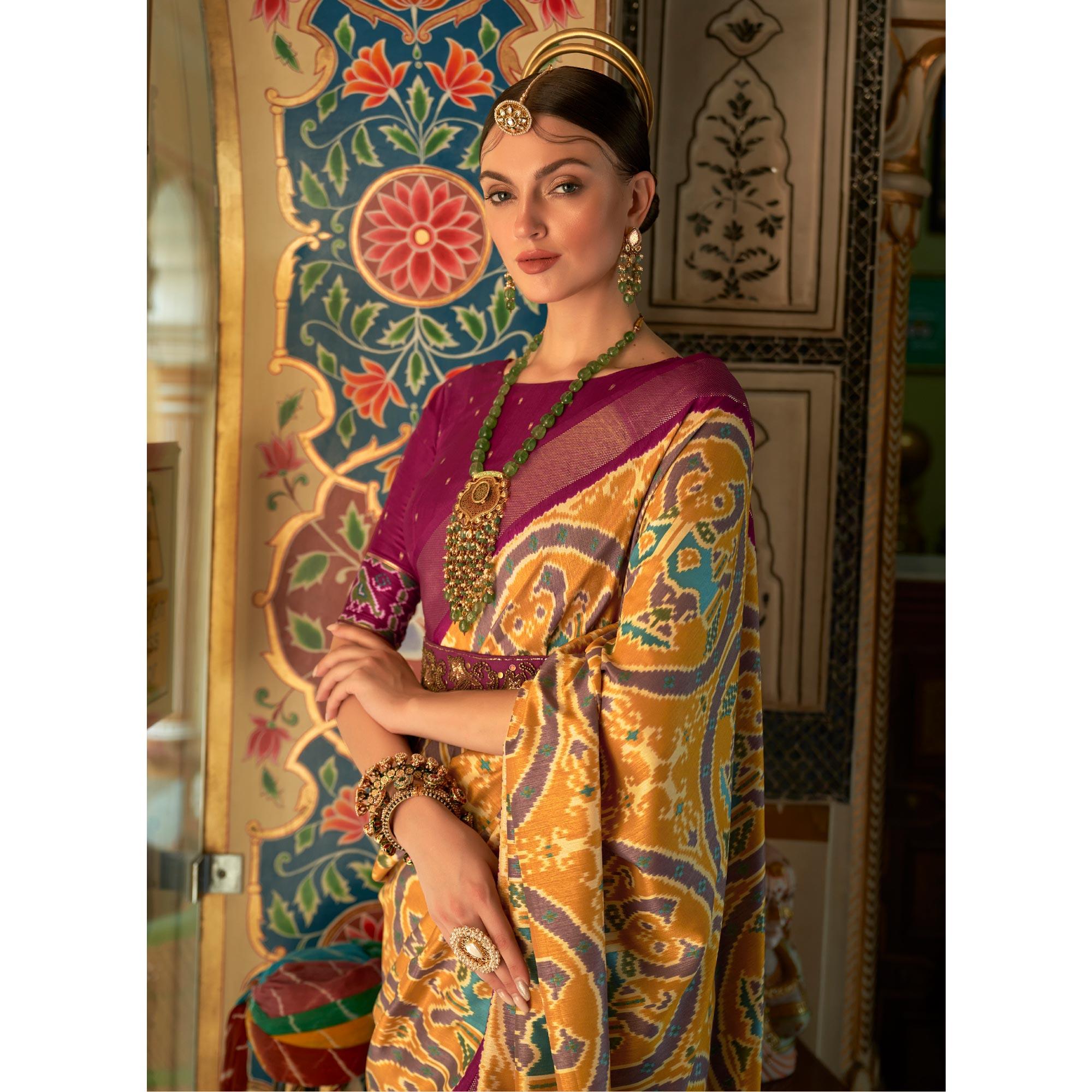 Golden Digital Patola Printed Silk Saree - Peachmode
