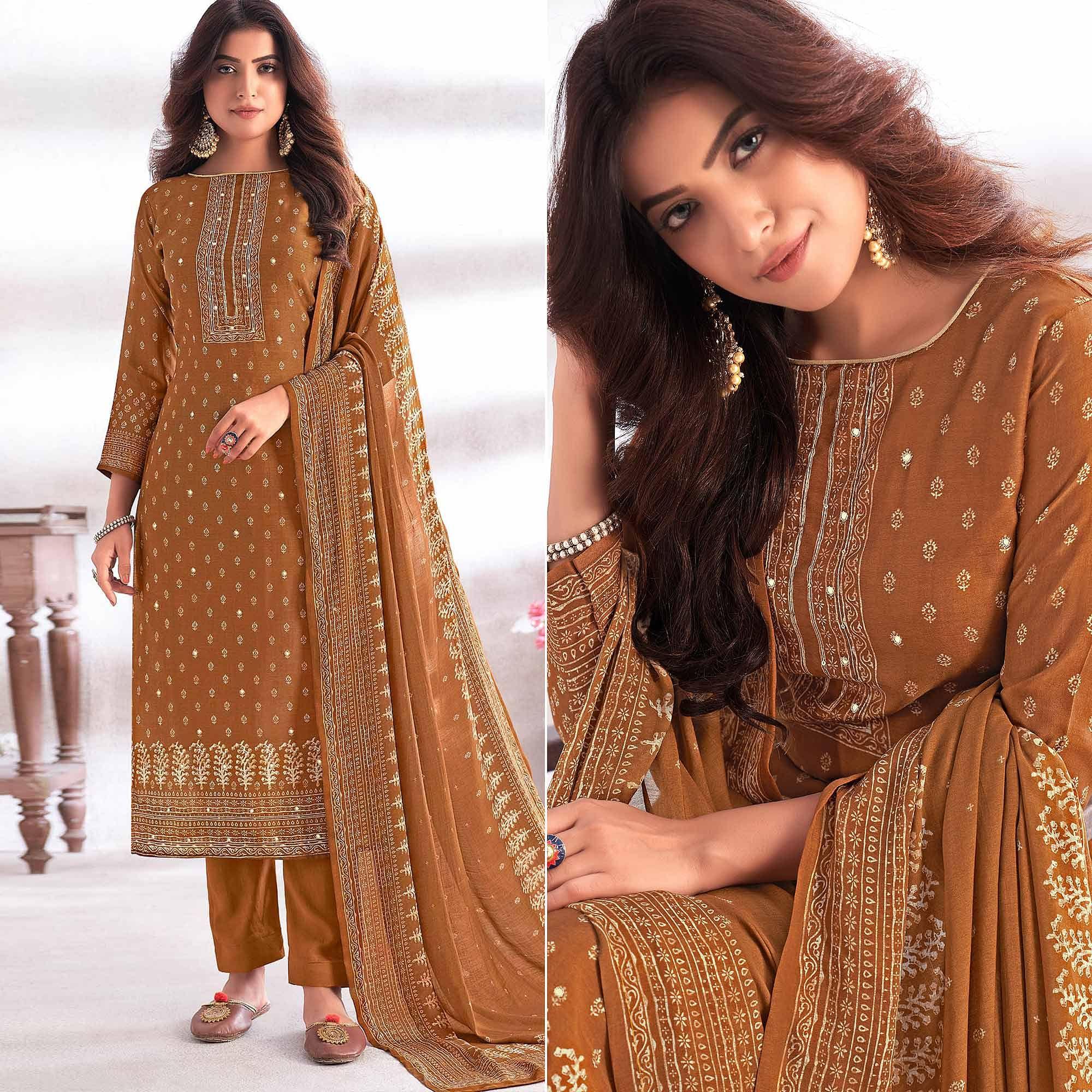 Golden Digital Printed & Hand Work Cotton Silk Suit - Peachmode