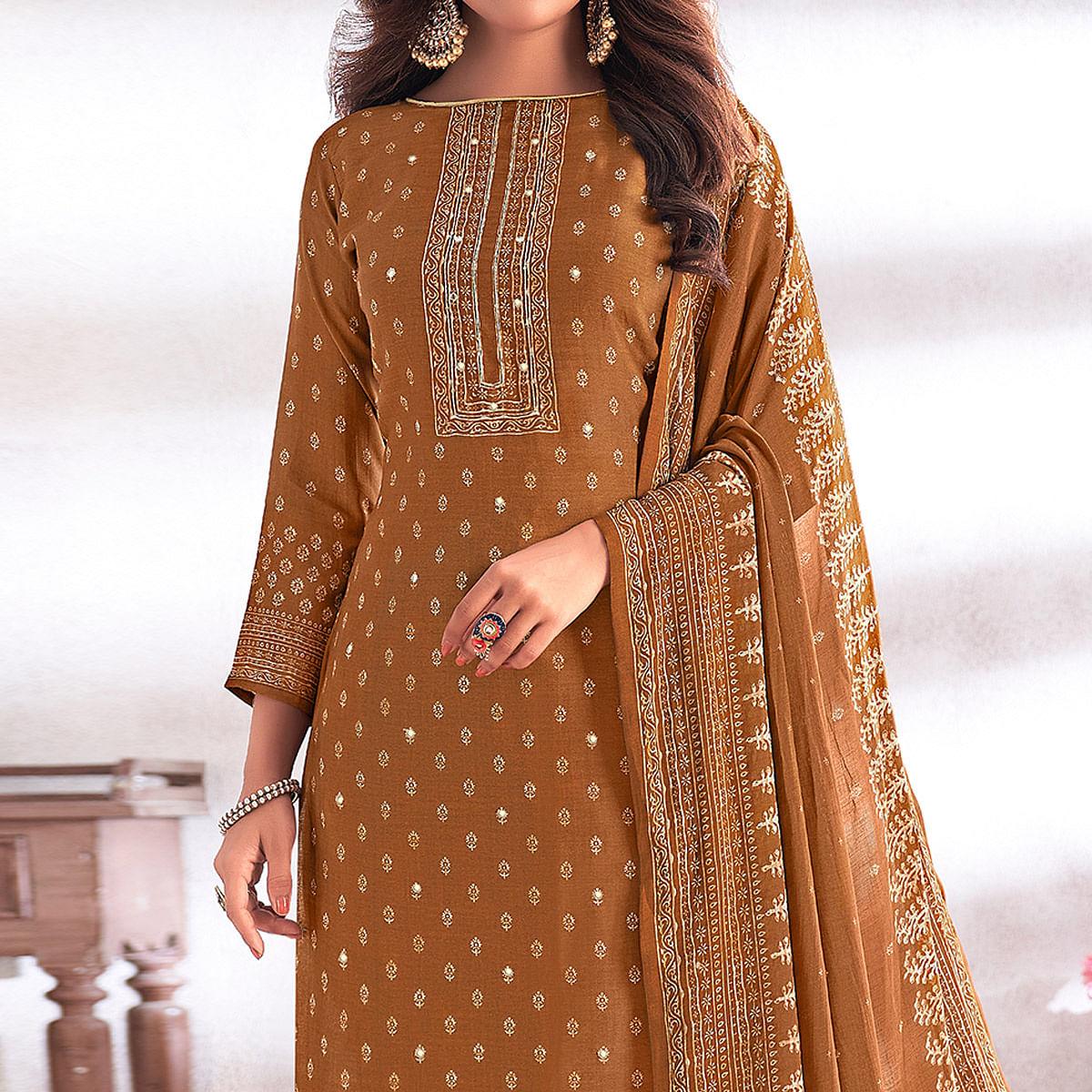 Golden Digital Printed & Hand Work Cotton Silk Suit - Peachmode
