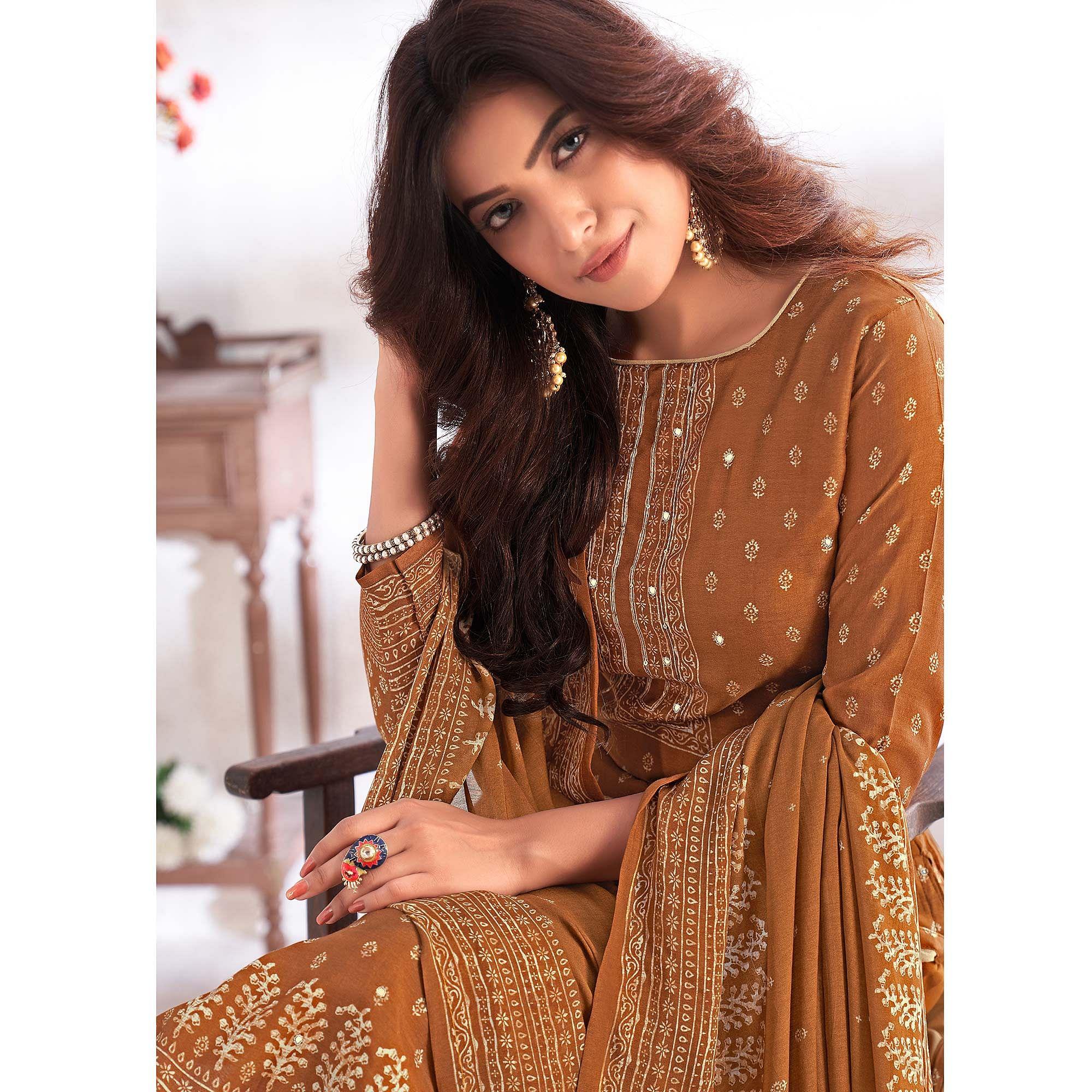 Golden Digital Printed & Hand Work Cotton Silk Suit - Peachmode
