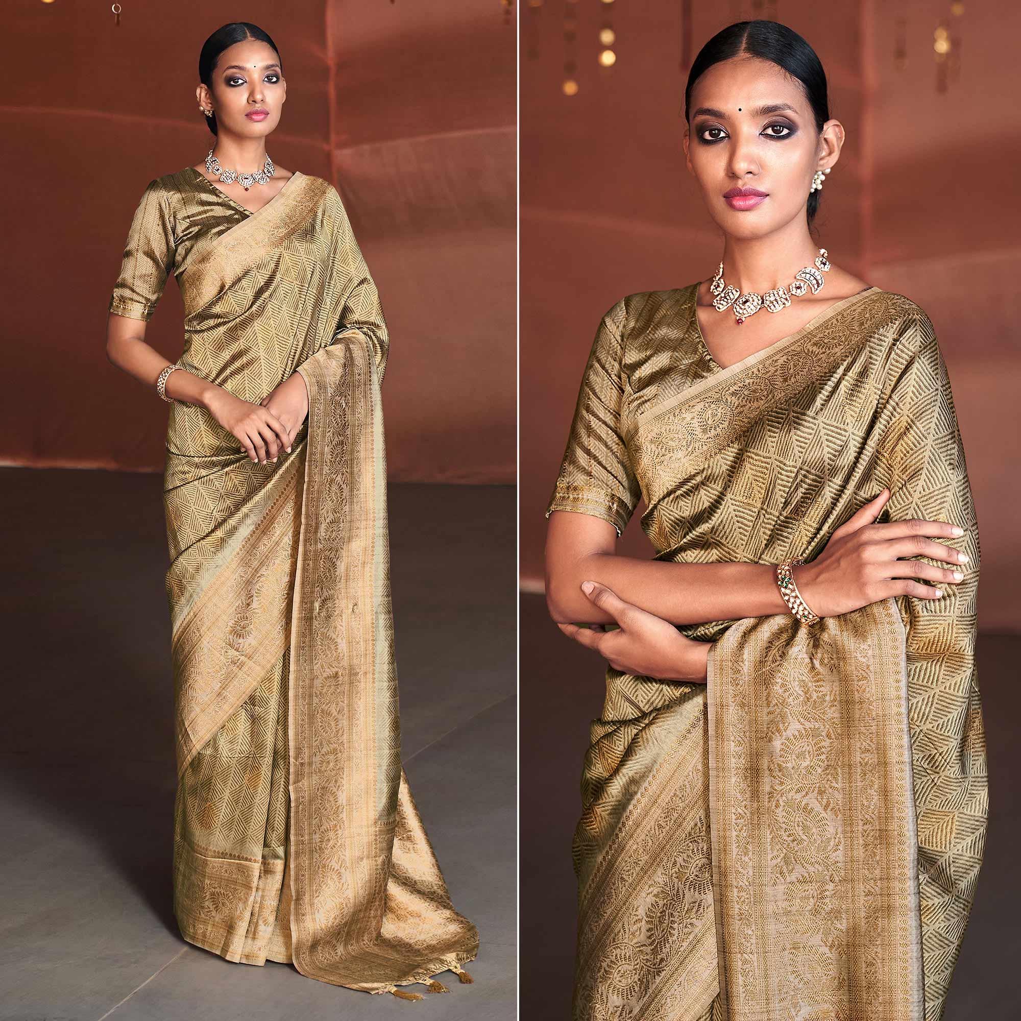 Golden Digital Printed With Woven Border Art Silk Saree - Peachmode