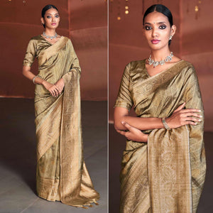 Golden Digital Printed With Woven Border Art Silk Saree - Peachmode