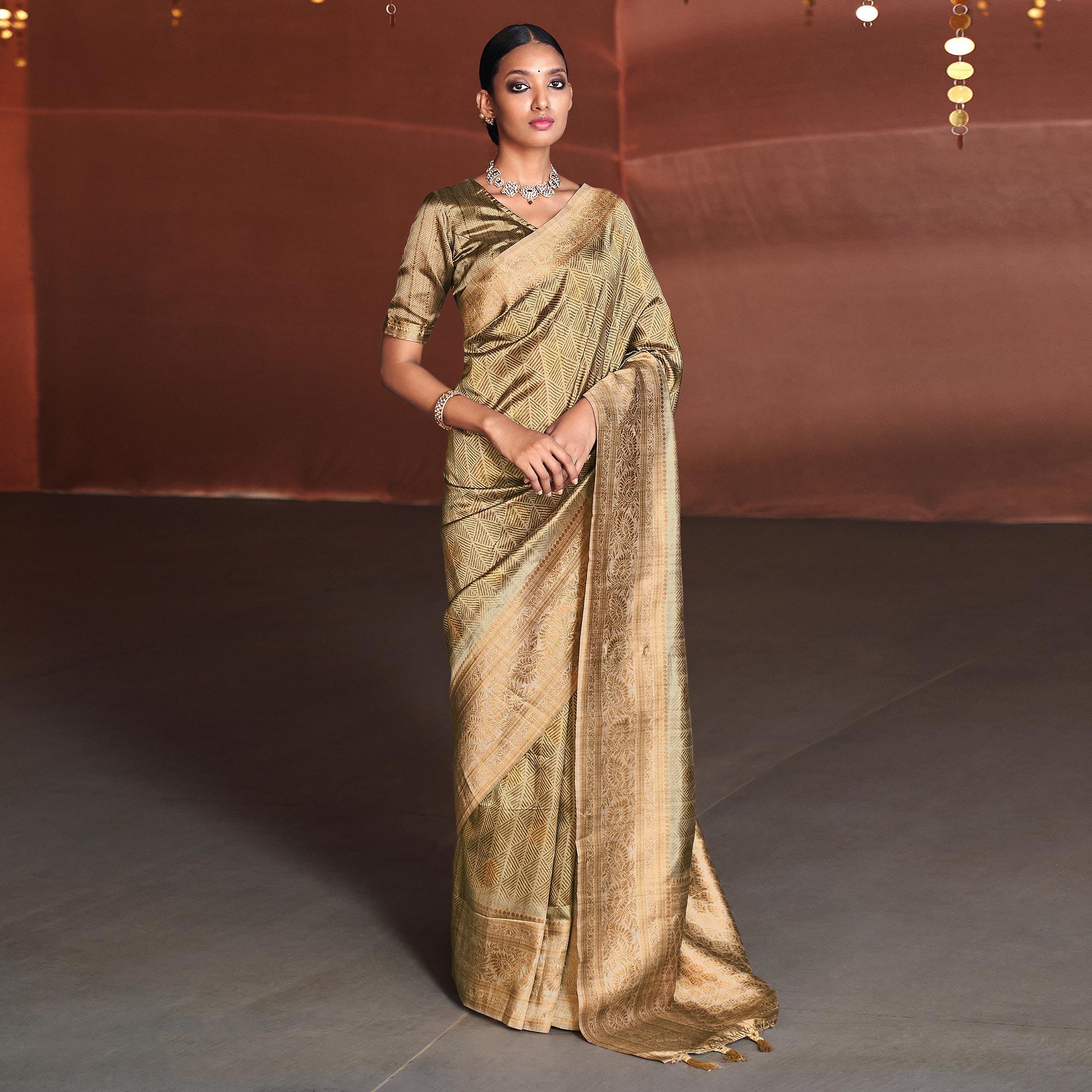 Golden Digital Printed With Woven Border Art Silk Saree - Peachmode