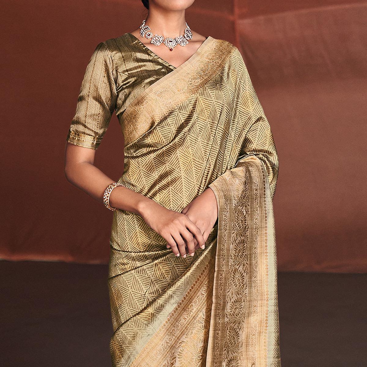 Golden Digital Printed With Woven Border Art Silk Saree - Peachmode