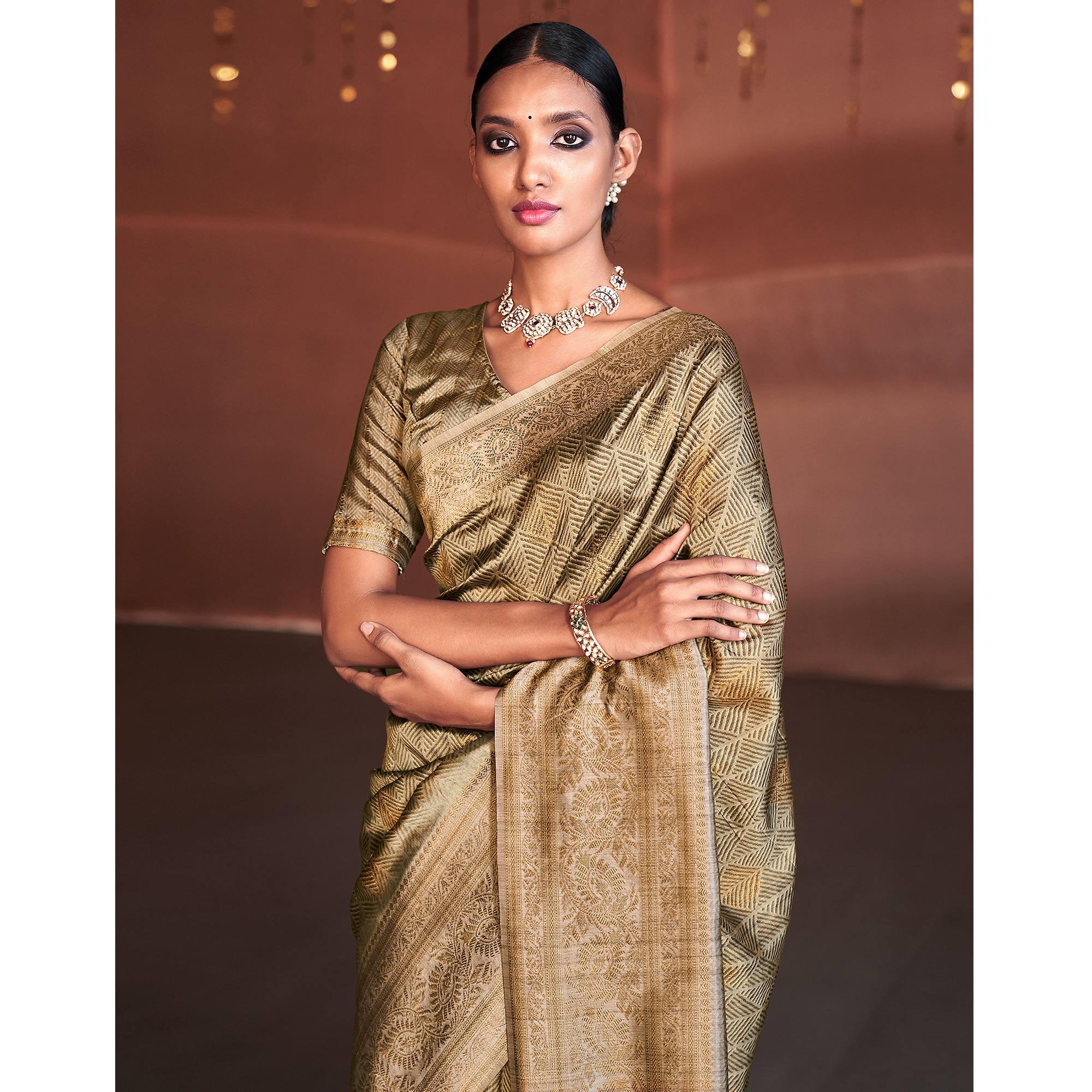 Golden Digital Printed With Woven Border Art Silk Saree - Peachmode