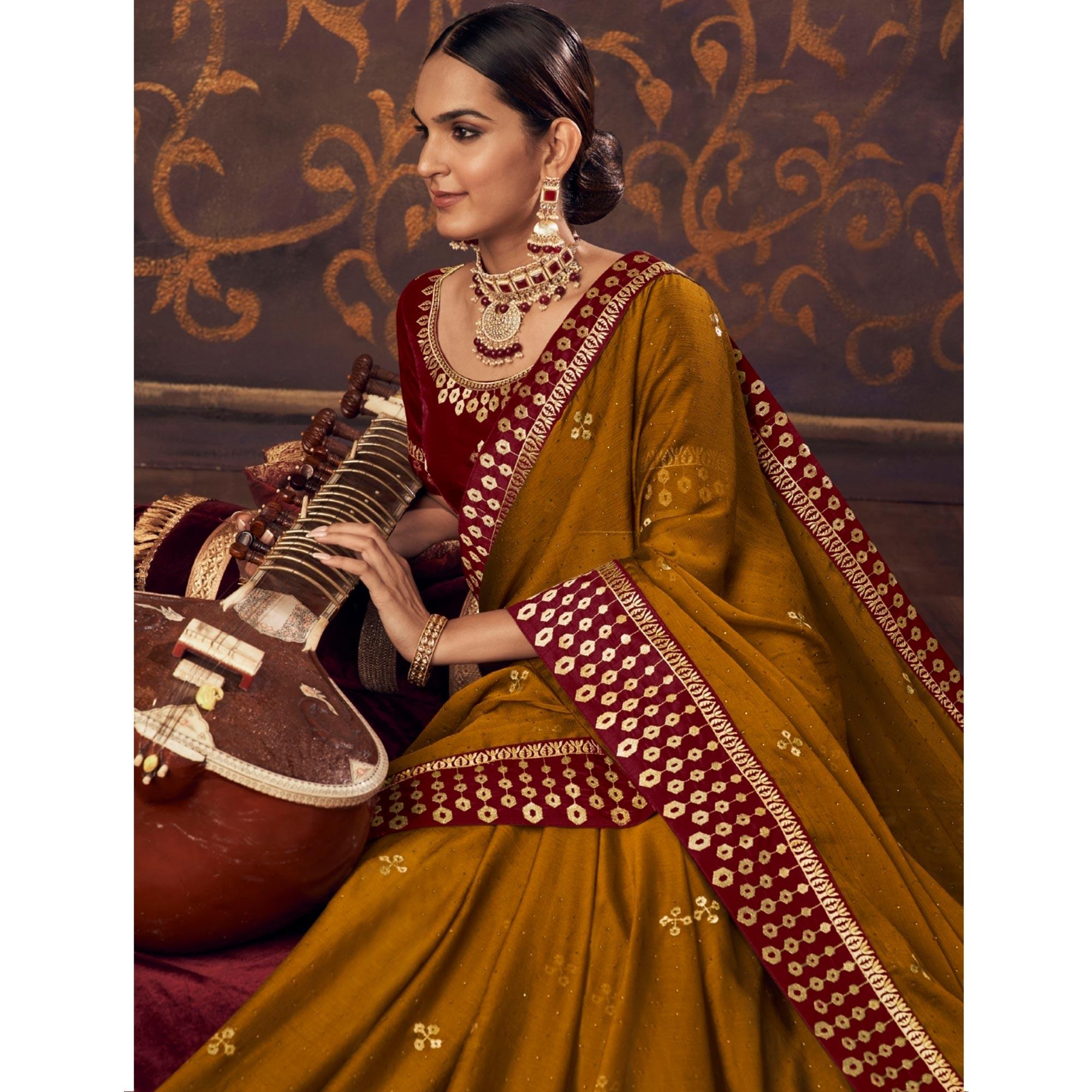 Golden Embroidered Chiffon Saree - Peachmode