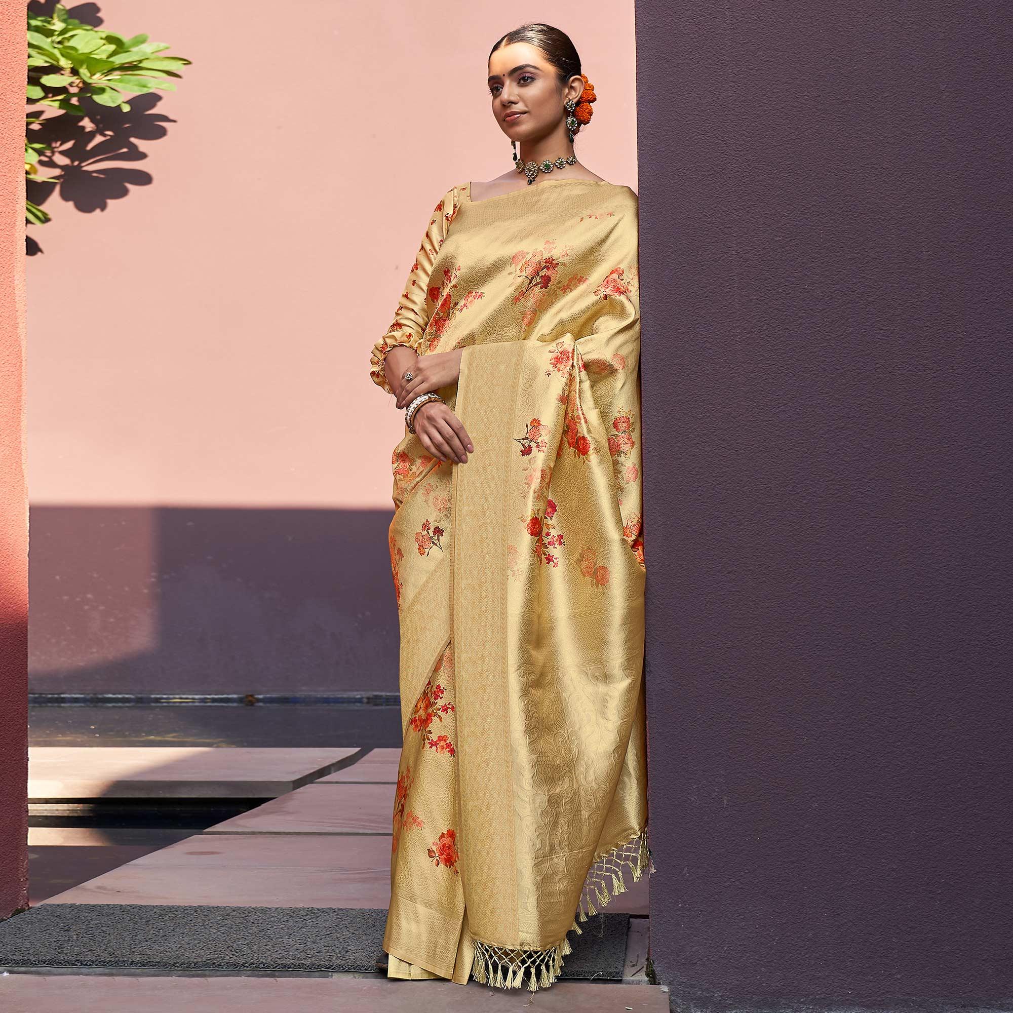 Golden Festive Wear Floral Printed Silk Saree With Woven Border - Peachmode