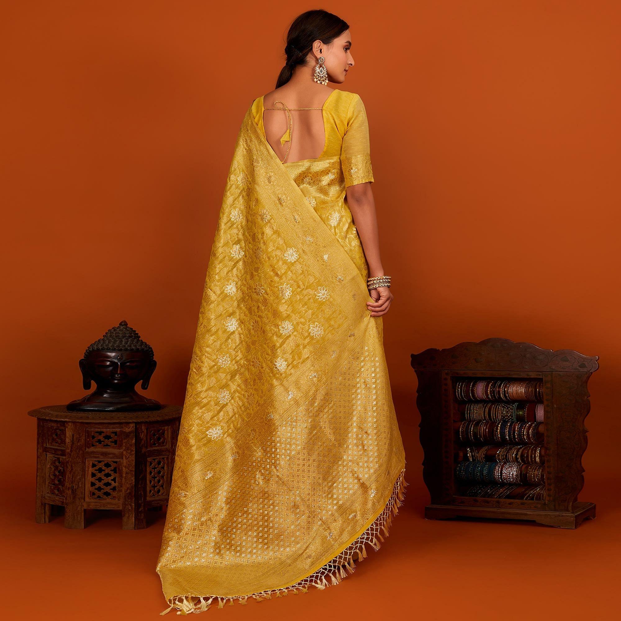 Golden Festive Wear Woven Cotton Saree With Tassels - Peachmode