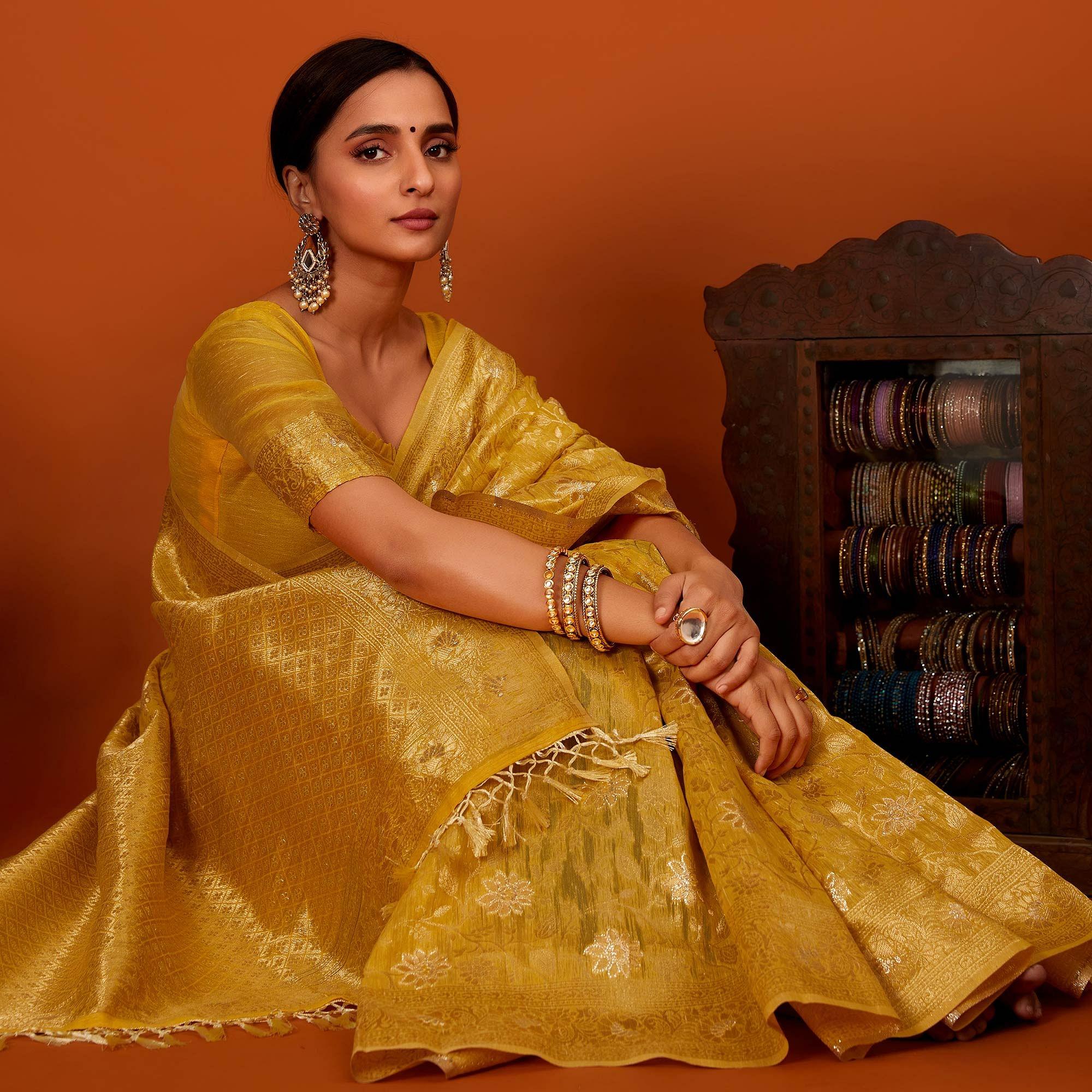 Golden Festive Wear Woven Cotton Saree With Tassels - Peachmode