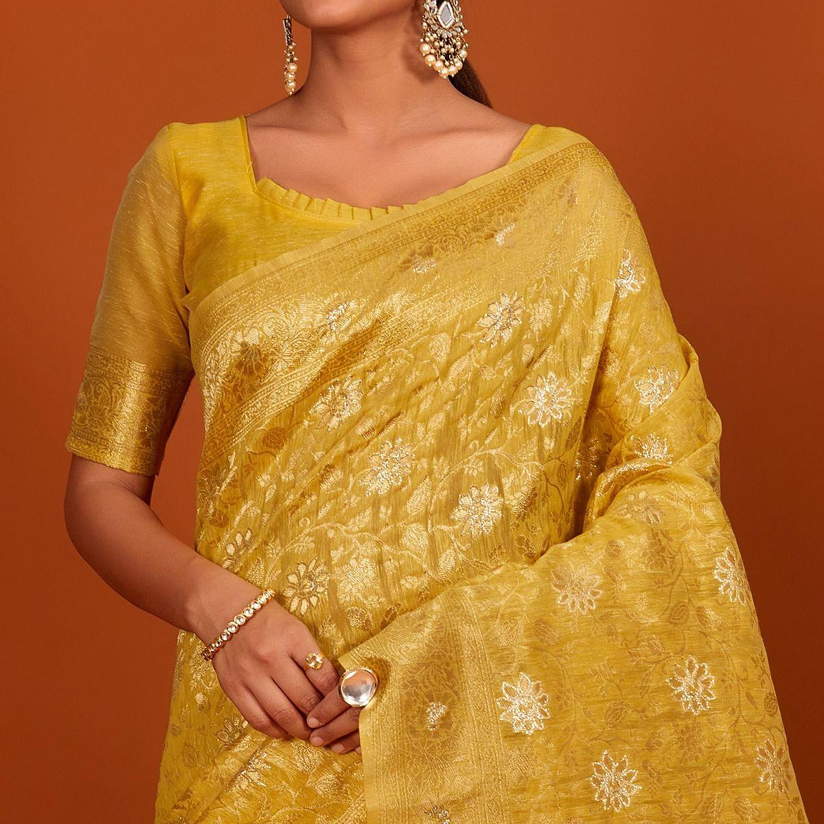 Golden Festive Wear Woven Cotton Saree With Tassels - Peachmode