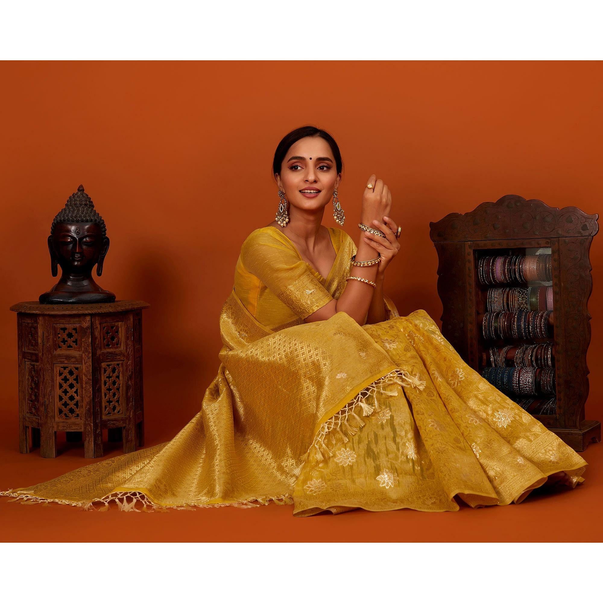 Golden Festive Wear Woven Cotton Saree With Tassels - Peachmode