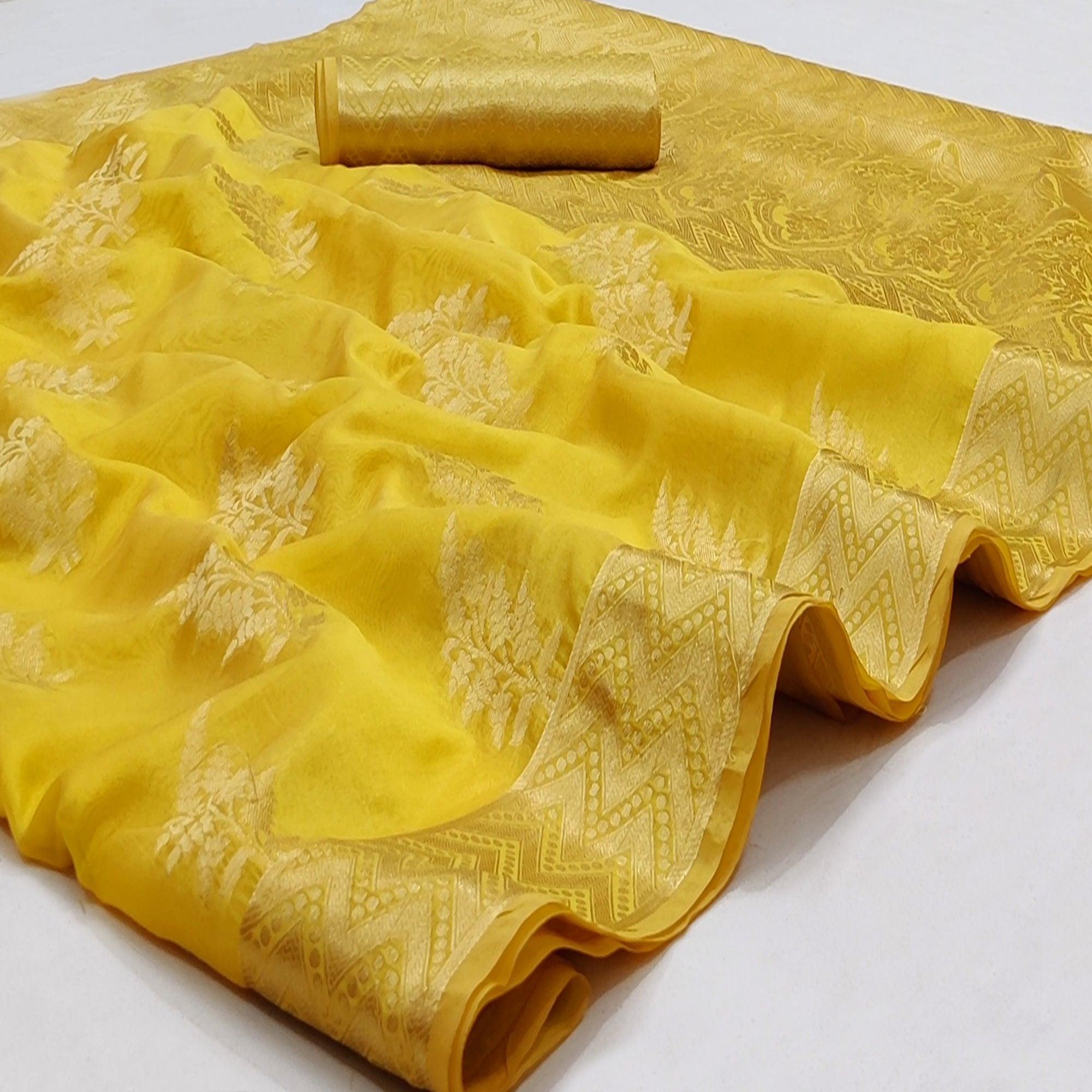 Golden Festive Wear Woven Soft Organza Saree - Peachmode