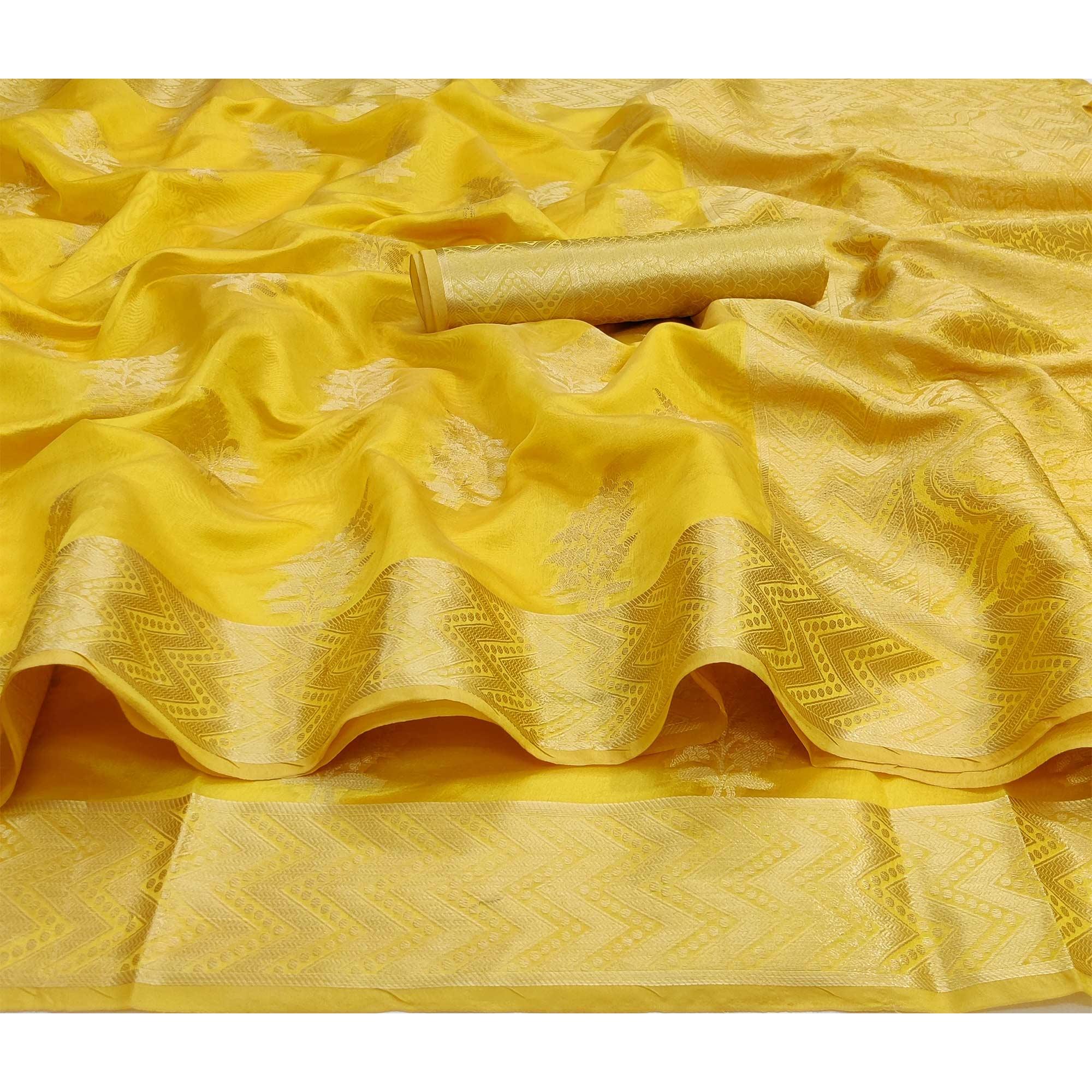 Golden Festive Wear Woven Soft Organza Saree - Peachmode