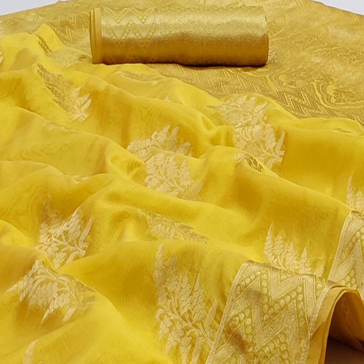 Golden Festive Wear Woven Soft Organza Saree - Peachmode