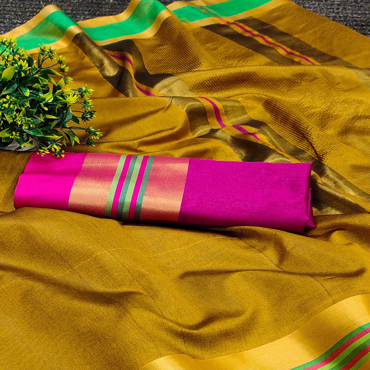 Golden Festive Wear Zari Border Cotton Blend Saree - Peachmode