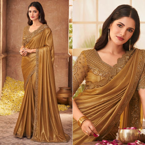 Golden Floral Sequence Embroidered Art SIlk Saree - Peachmode