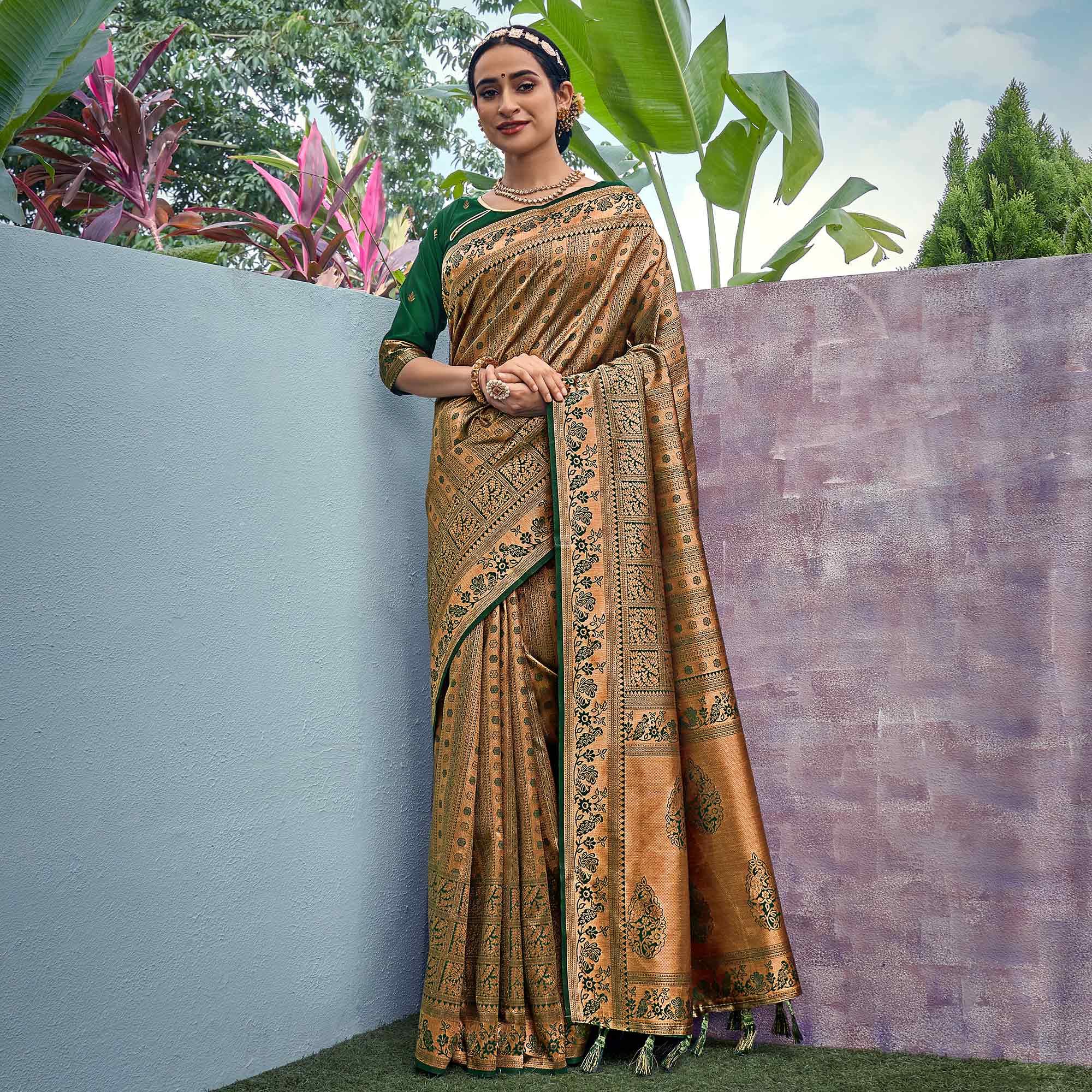Golden-Green Woven Art Silk Saree With Tassels - Peachmode