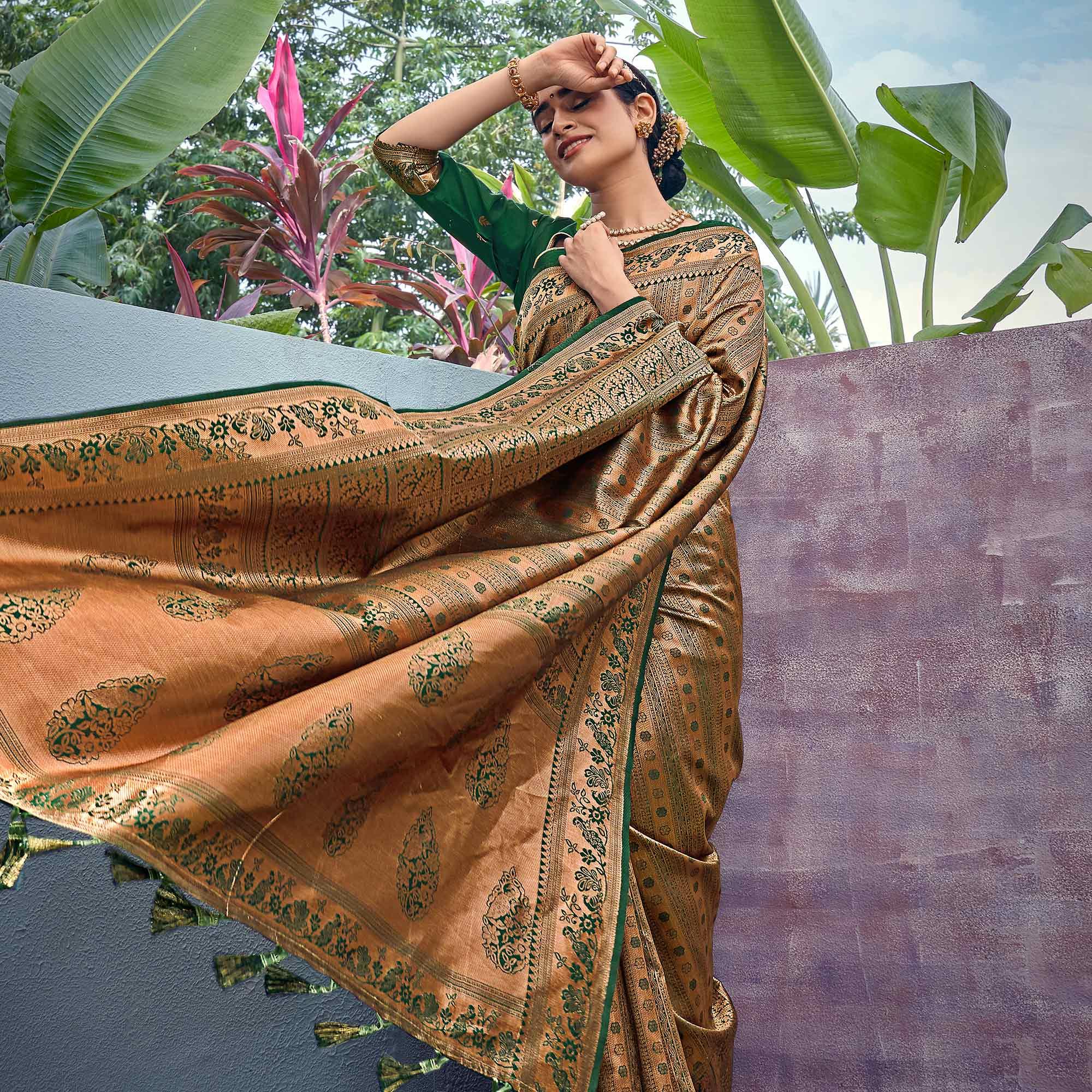 Golden-Green Woven Art Silk Saree With Tassels - Peachmode