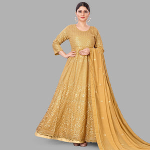 Golden Partywear Embroidered Heavy Faux Georgette A Line Anarkali Suit - Peachmode