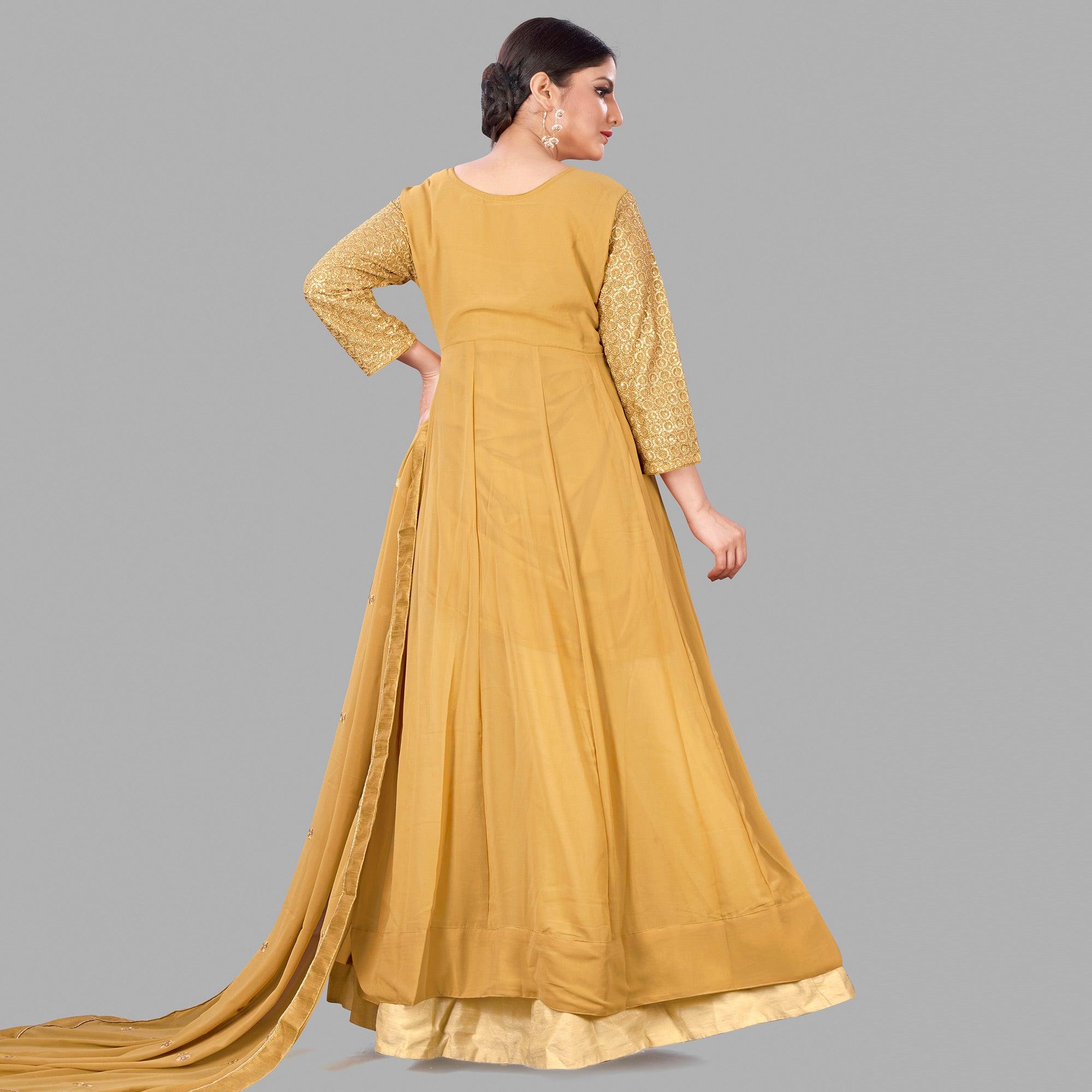 Golden Partywear Embroidered Heavy Faux Georgette A Line Anarkali Suit - Peachmode