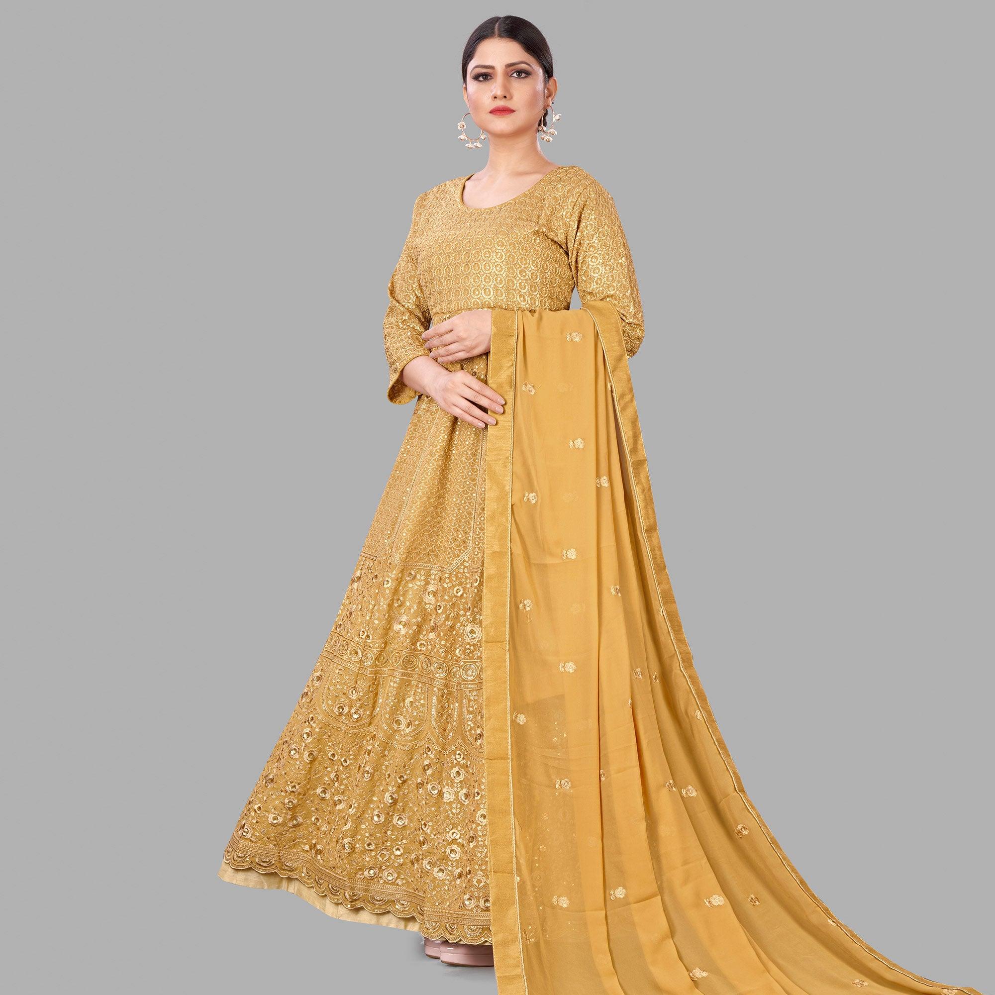 Golden Partywear Embroidered Heavy Faux Georgette A Line Anarkali Suit - Peachmode