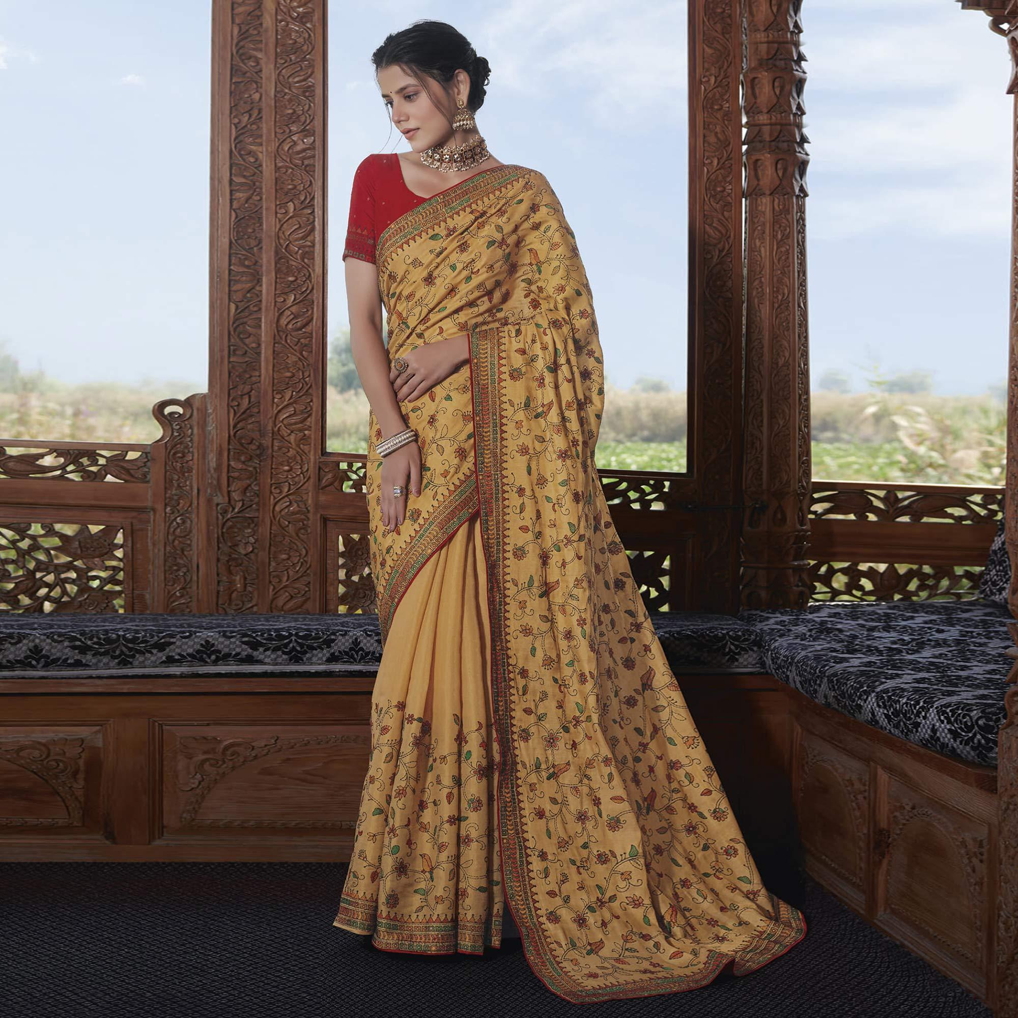 Golden Partywear Embroidered Silk Saree - Peachmode