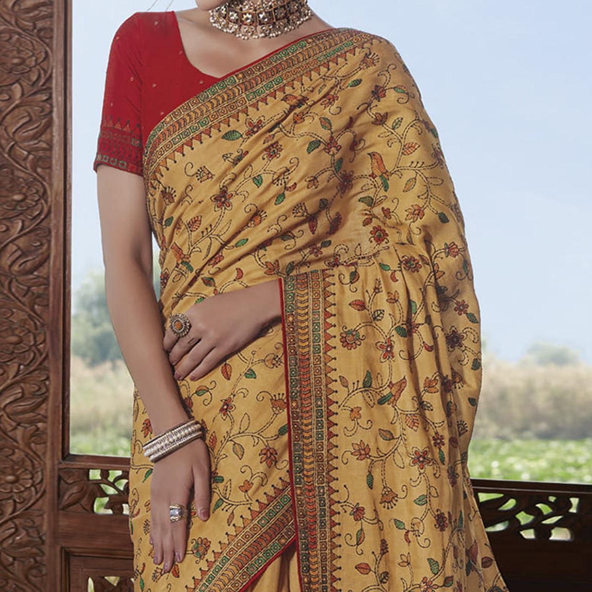 Golden Partywear Embroidered Silk Saree - Peachmode