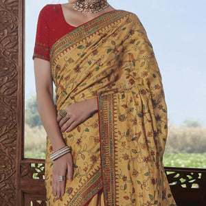 Golden Partywear Embroidered Silk Saree - Peachmode