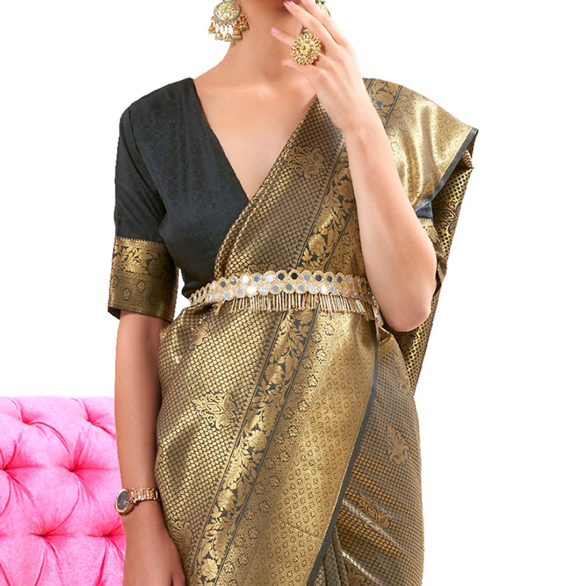 Golden Partywear Woven Handloom Silk Saree - Peachmode