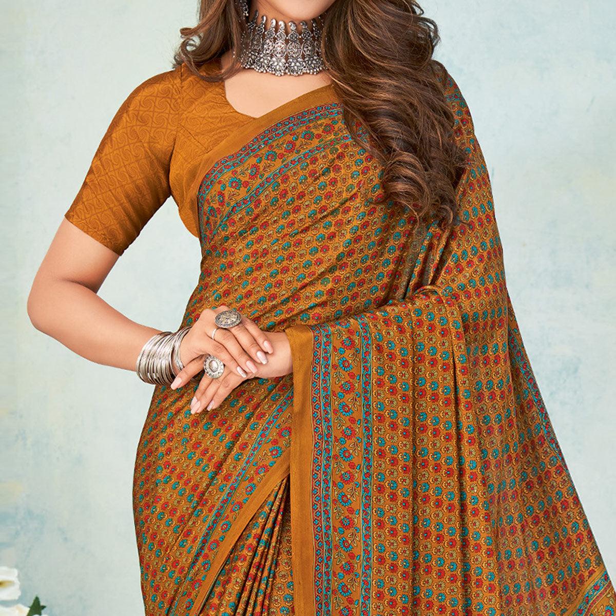 Golden Printed Raw Silk Saree - Peachmode