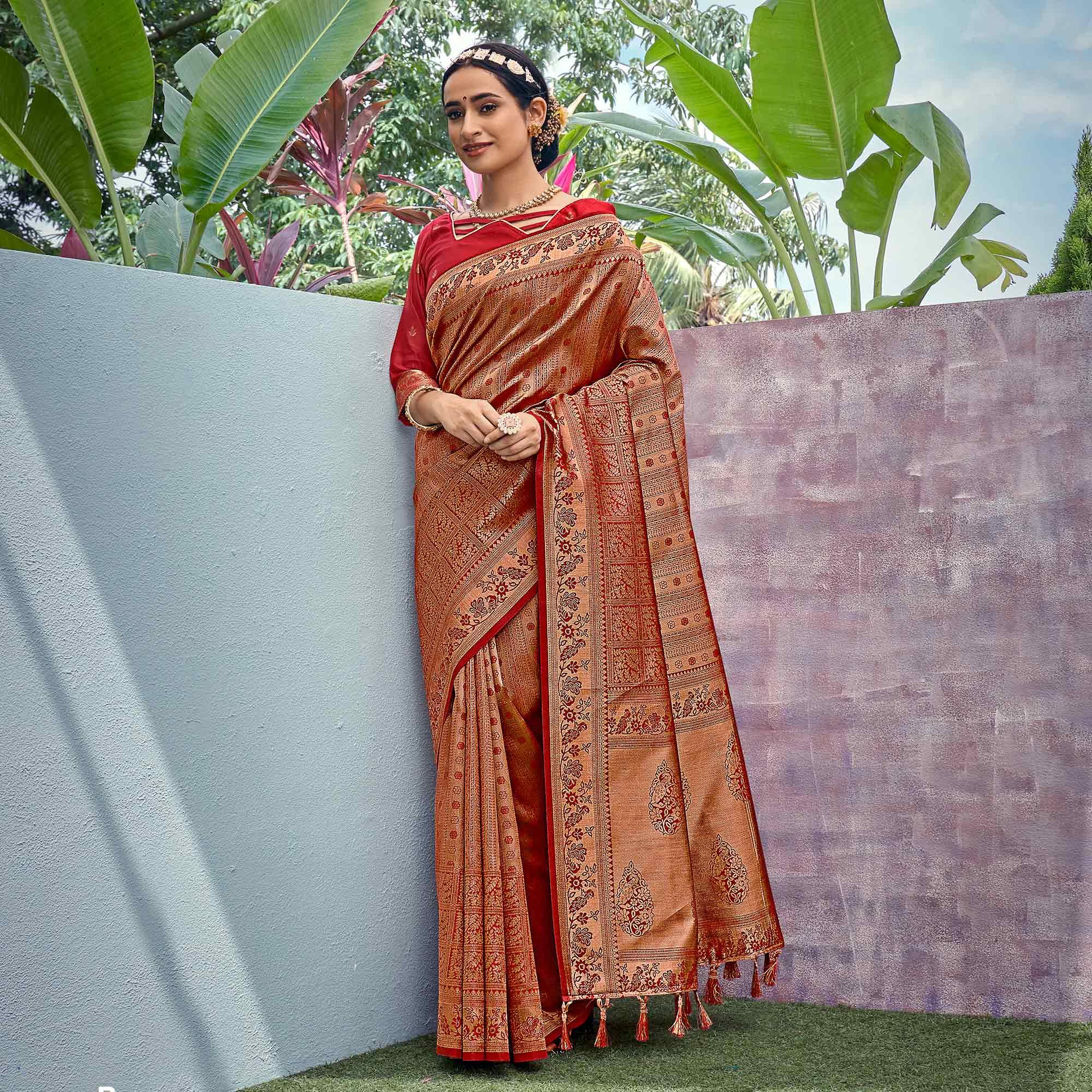 Golden-Red Woven Art Silk Saree With Tassels - Peachmode