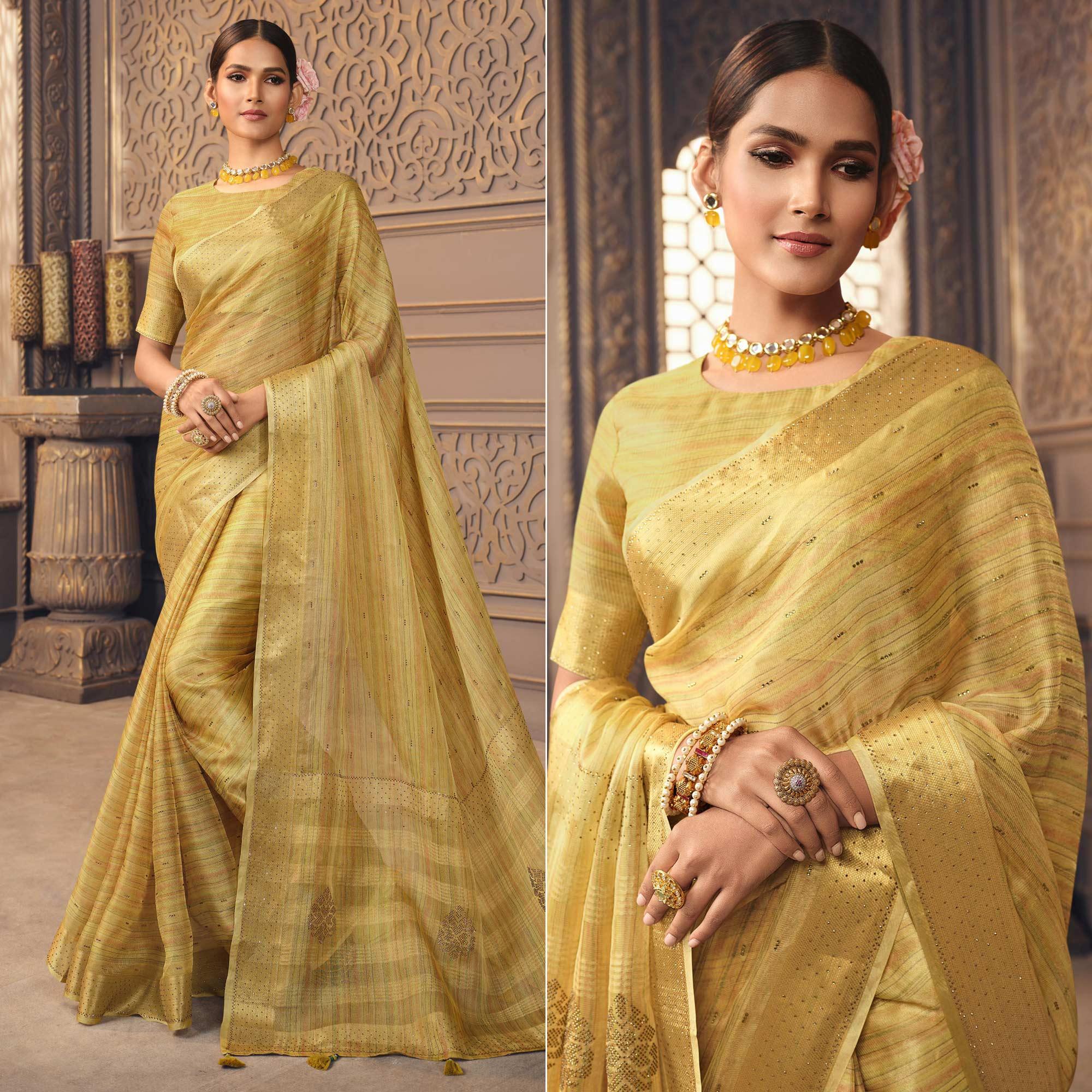 Golden Swarovski With Printed Organza Saree - Peachmode